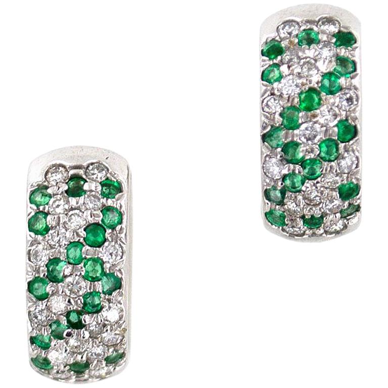 Modern Emerald Diamond Huggie White Gold Earrings