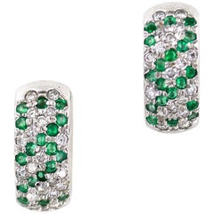 Vintage Modern Emerald Diamond Huggie White Gold Earrings