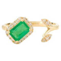 Modern Emerald Diamond Open Ring for Her in 18k Solid Yellow Gold