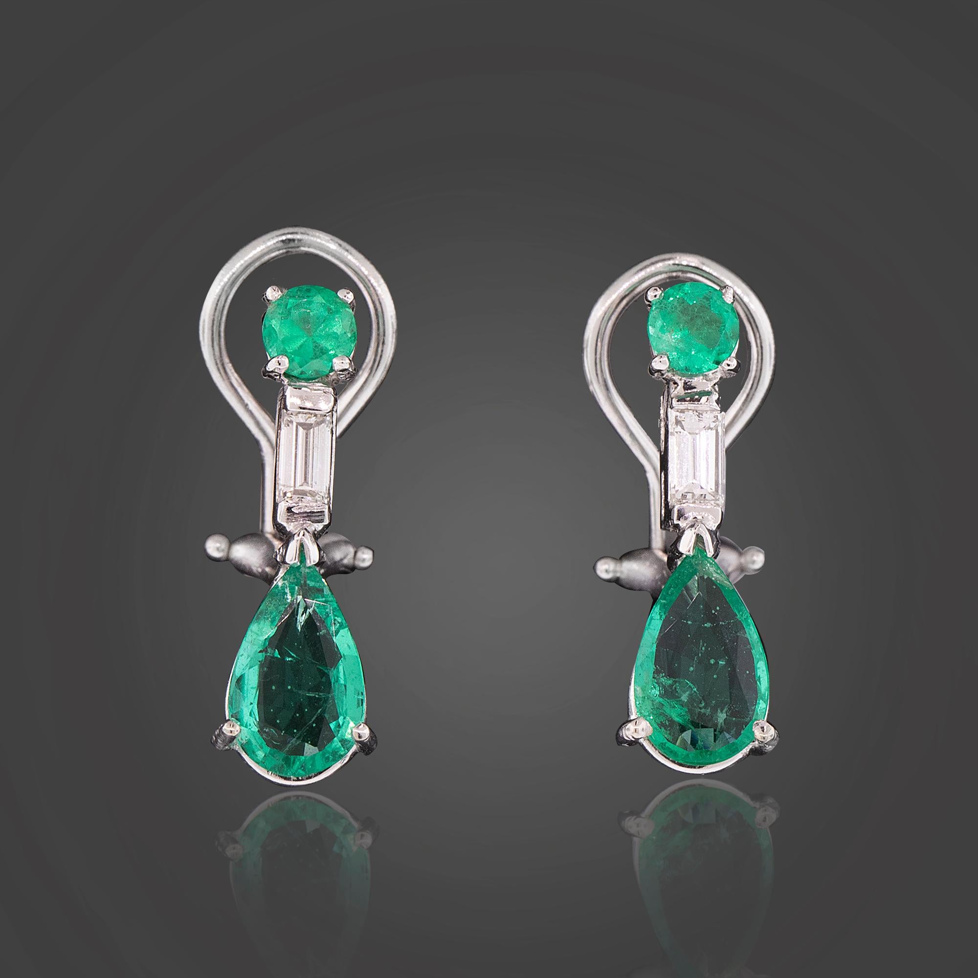 Baguette Cut Modern Emerald & Diamond Platinum Earrings Circa 2000s For Sale