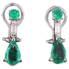 Modern Emerald & Diamond Platinum Earrings Circa 2000s