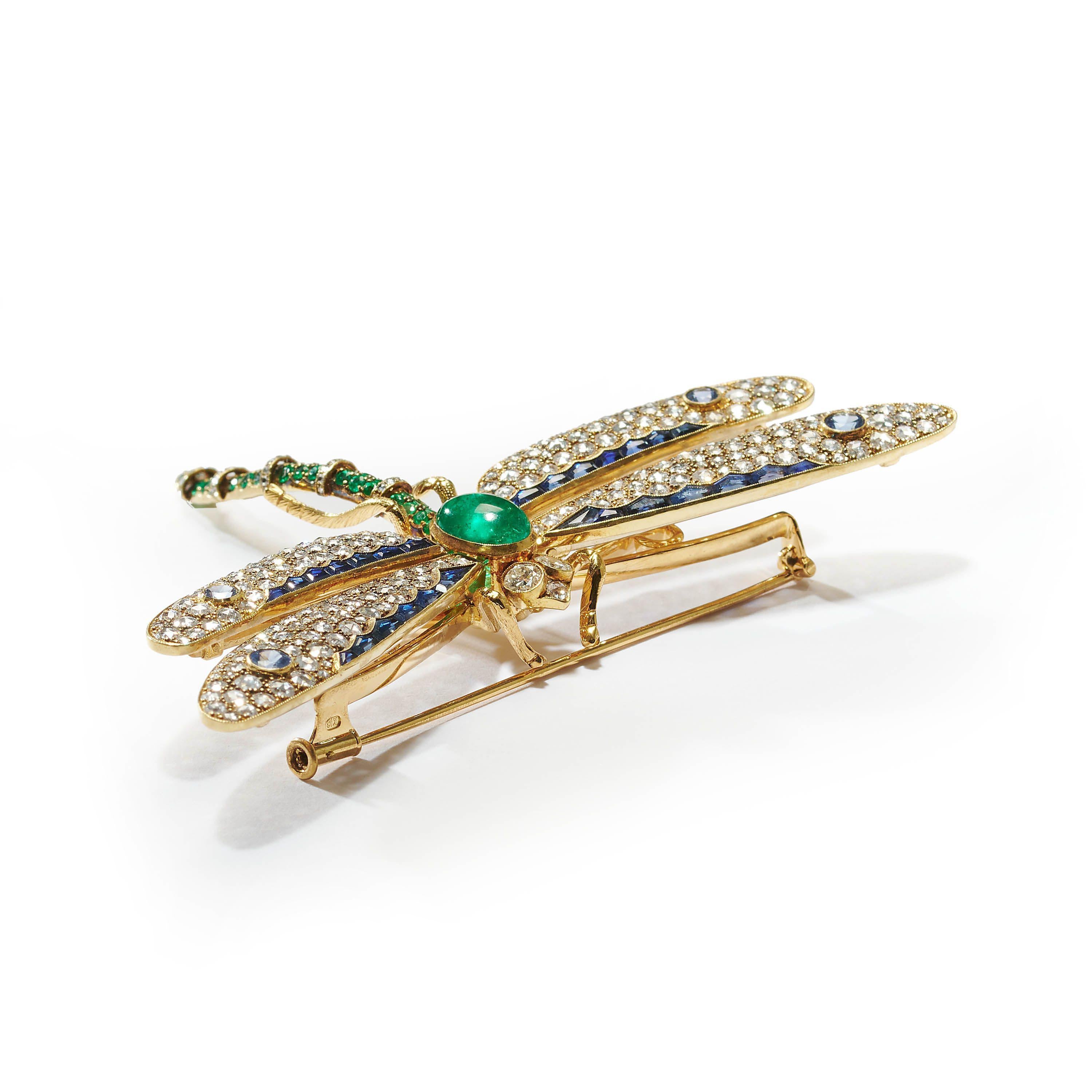 Brilliant Cut Modern Emerald, Diamond, Sapphire, and Gold Dragonfly Brooch
