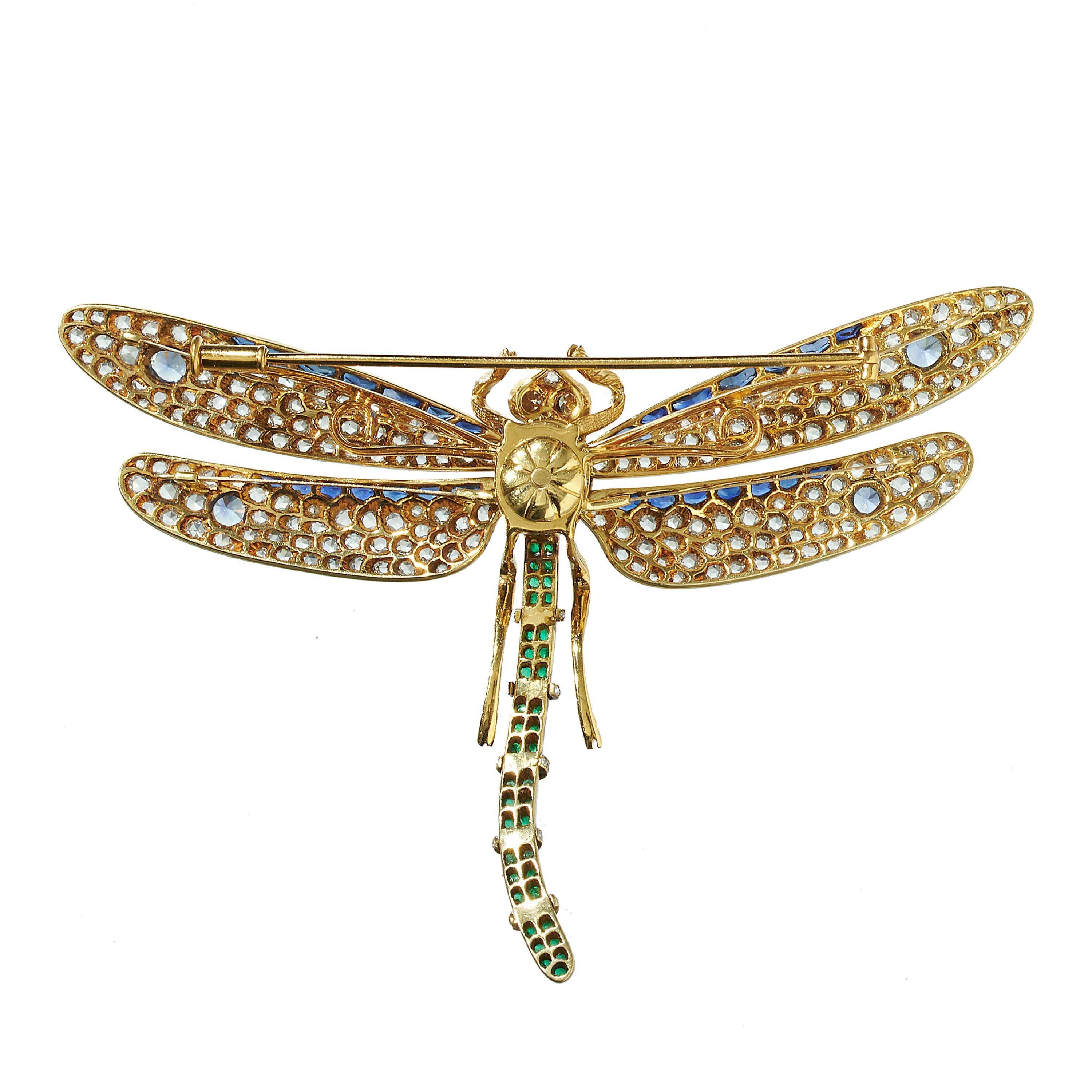 Women's Modern Emerald, Diamond, Sapphire, and Gold Dragonfly Brooch