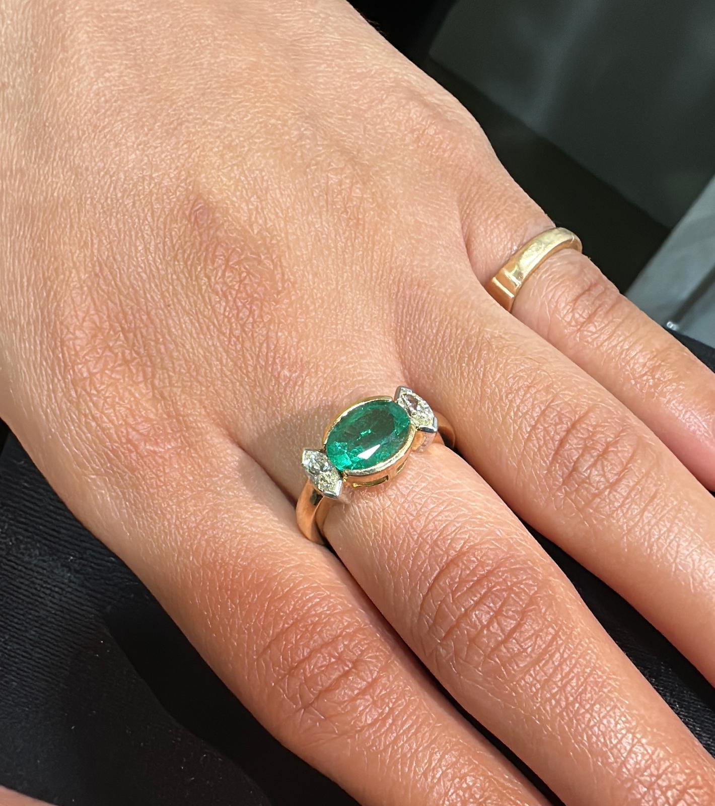 For Sale:  Modern Emerald Diamond Three Stone Ring Engagement Ring in 18K Yellow Gold 2