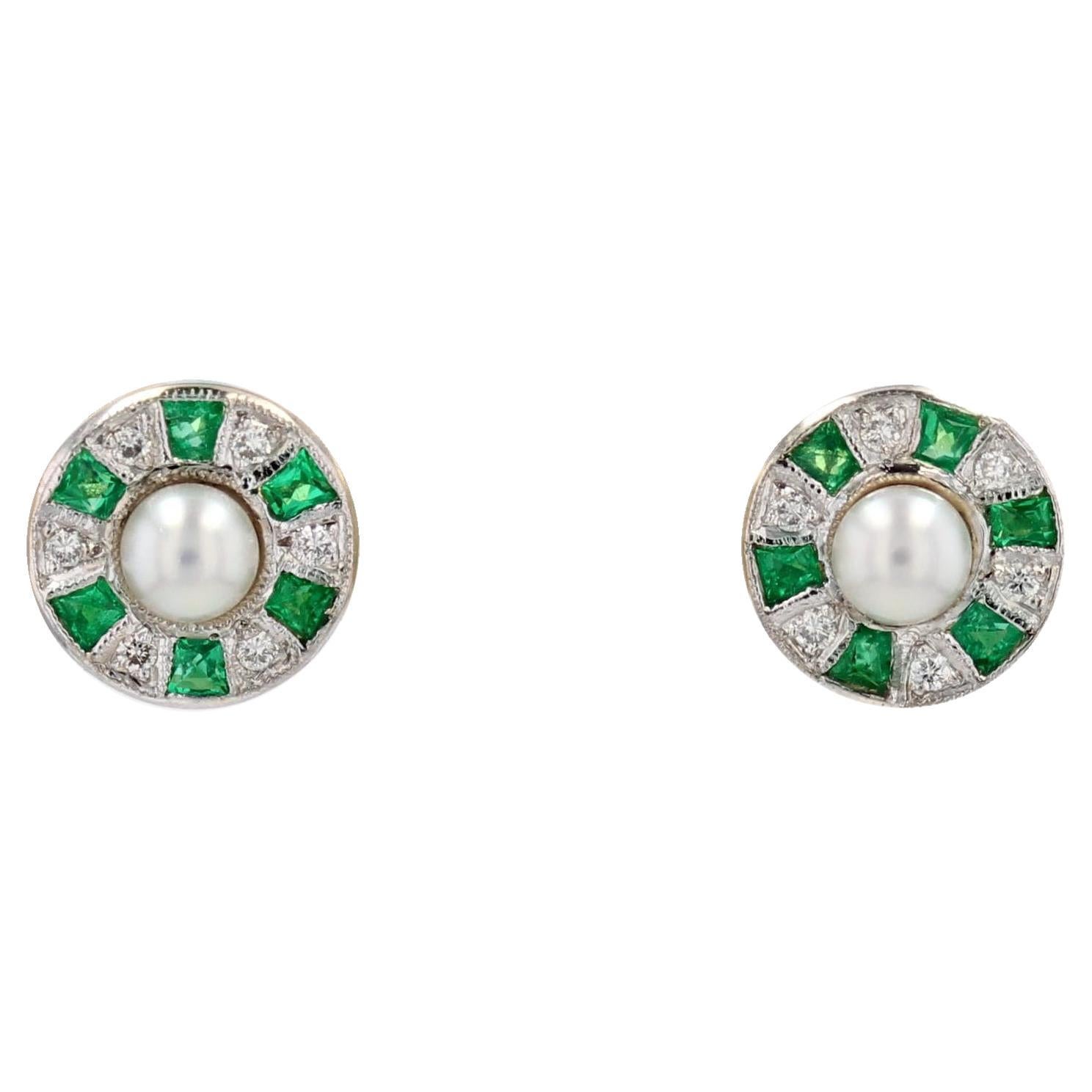 Modern Emerald Diamonds Cultured Pearl 18 Karat White Gold Stud Earrings For Sale