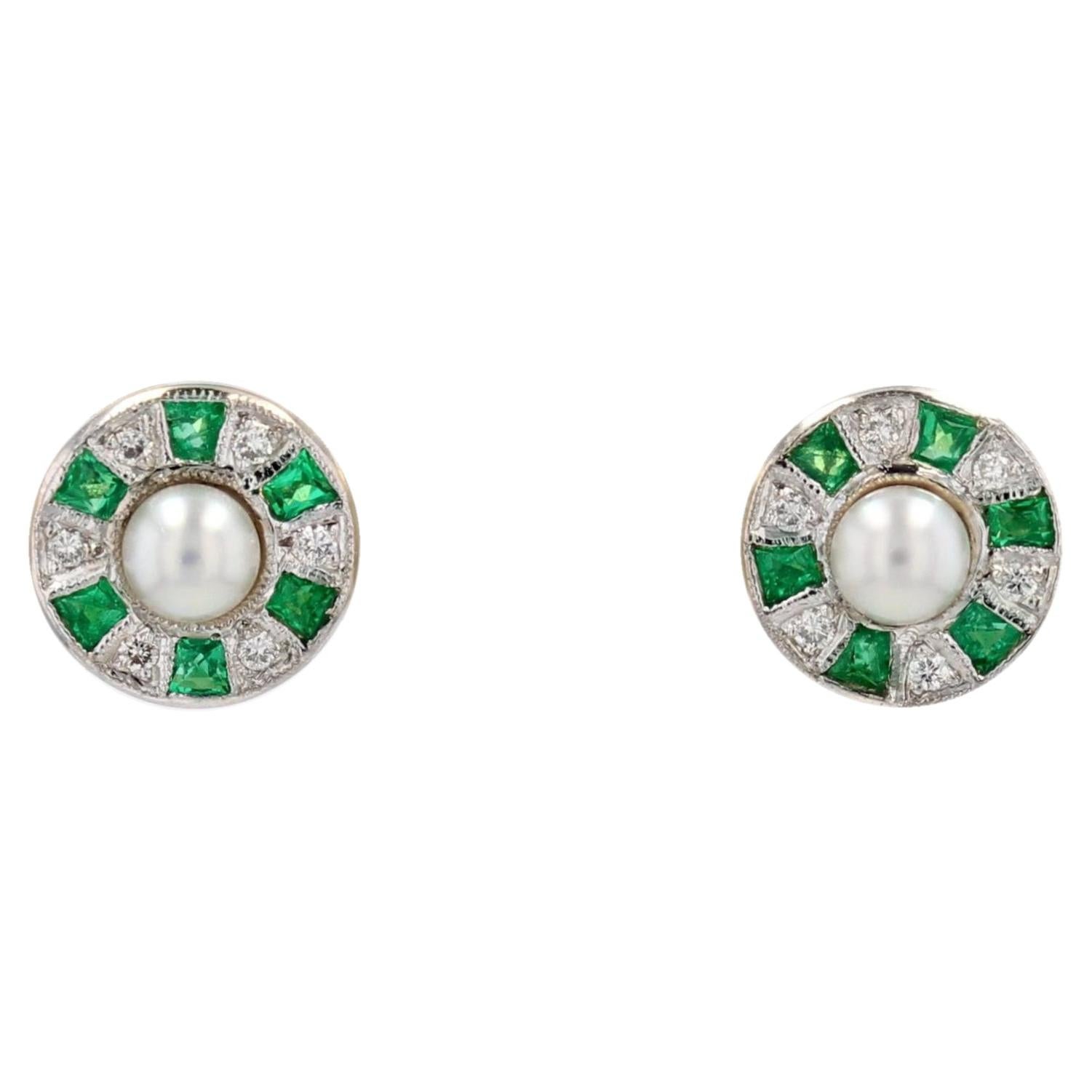 Modern Emerald Diamonds Cultured Pearl 18 Karat White Gold Stud Earrings For Sale
