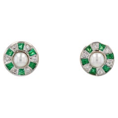 Modern Emerald Diamonds Cultured Pearl 18 Karat White Gold Stud Earrings