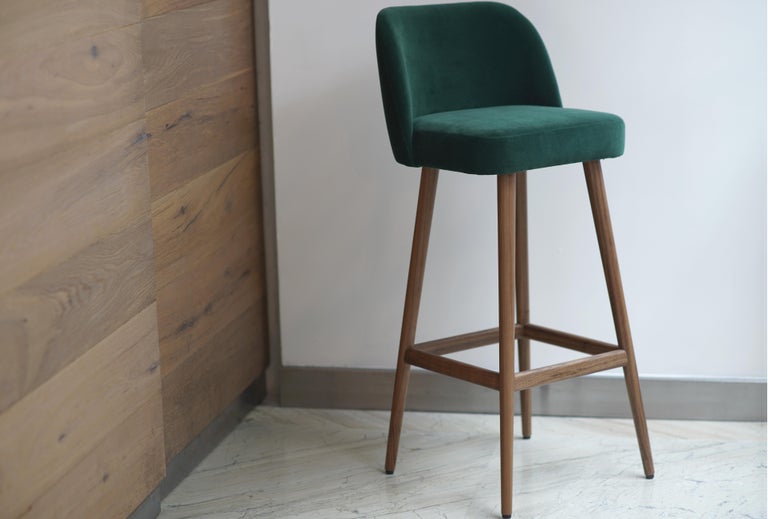 Mexican Modern Emerald Green Velvet Bar Stool with Walnut Base For Sale