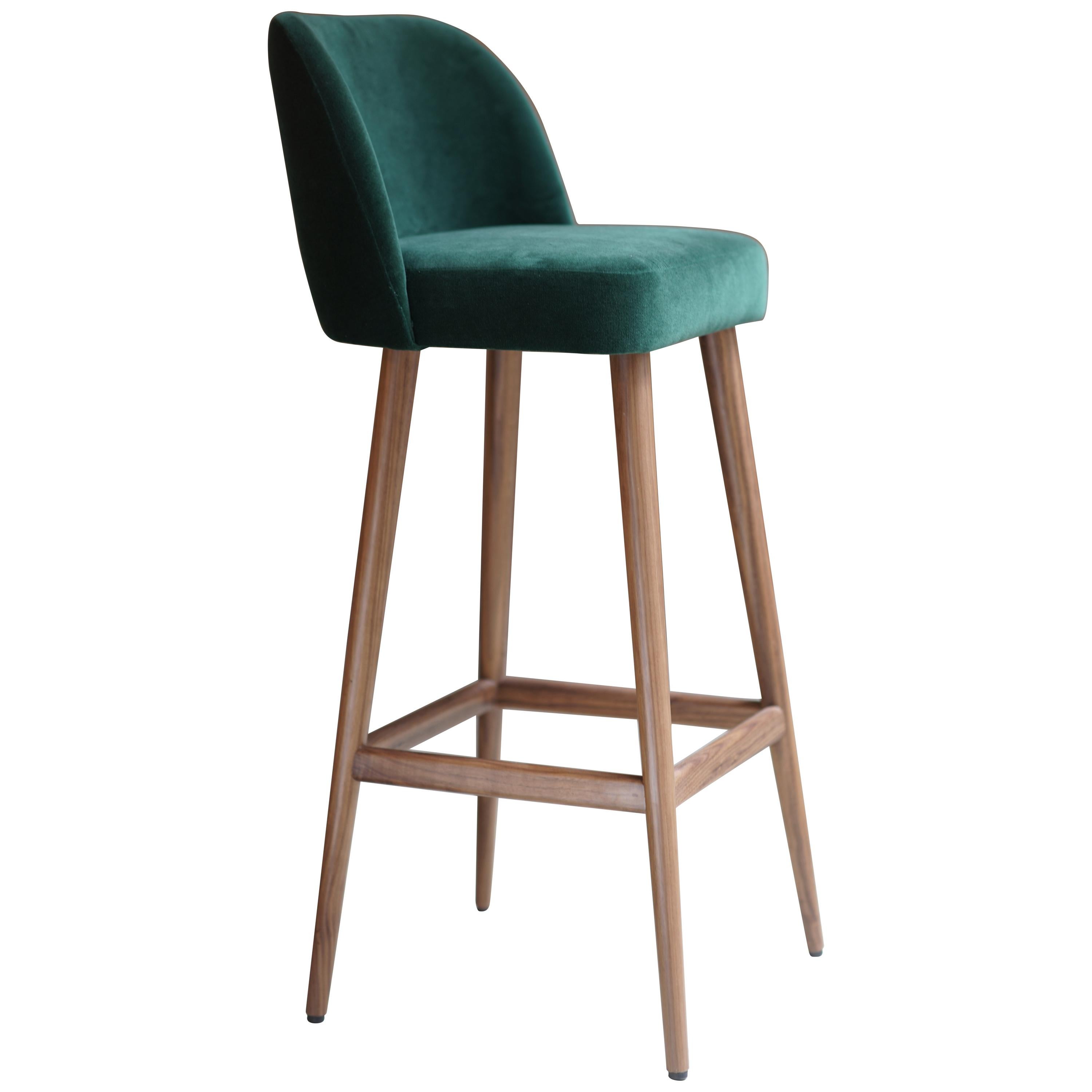 Modern Emerald Green Velvet Bar Stool with Walnut Base For Sale at 1stDibs  | velvet bar stools, green velvet counter stools, green kitchen stool