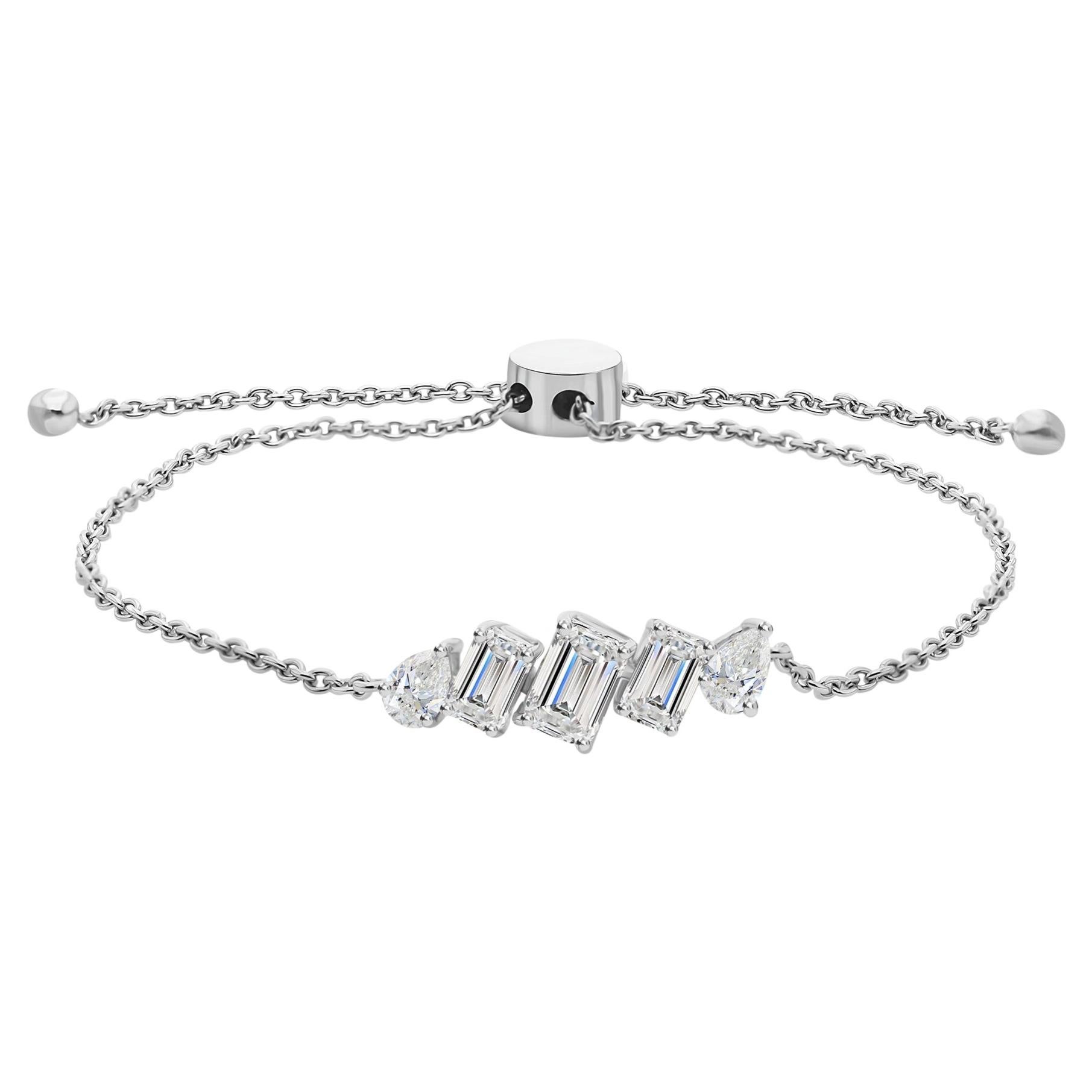 Modern Emerald & Pear Cut Diamond Adjustable Bolo Clasp Bracelet 18K White Gold For Sale