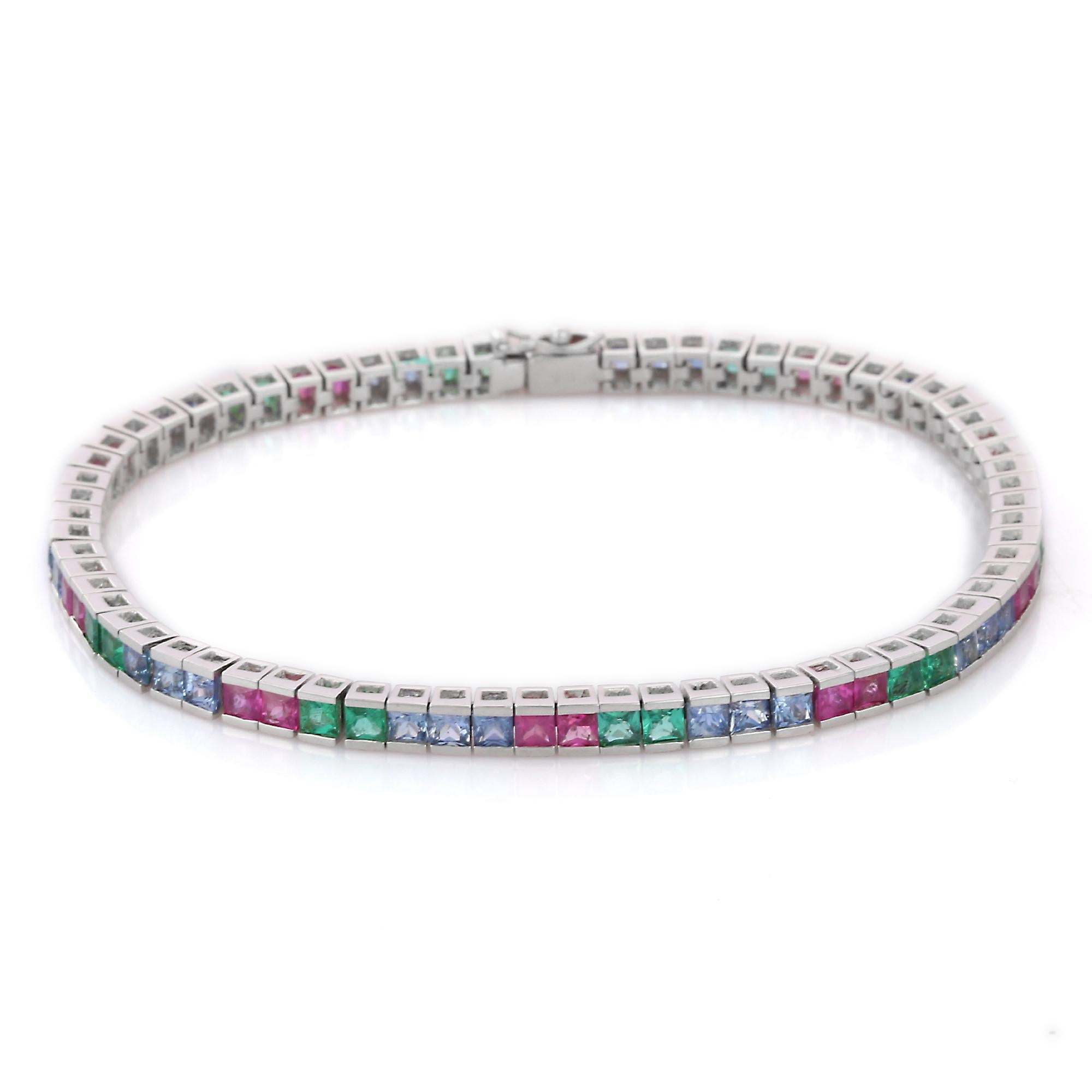 Emerald, Ruby and Sapphire bracelet in 18K Gold. It has a perfect square cut gemstone to make you stand out on any occasion or an event.
A tennis bracelet is an essential piece of jewelry when it comes to your wedding day. The sleek and elegant