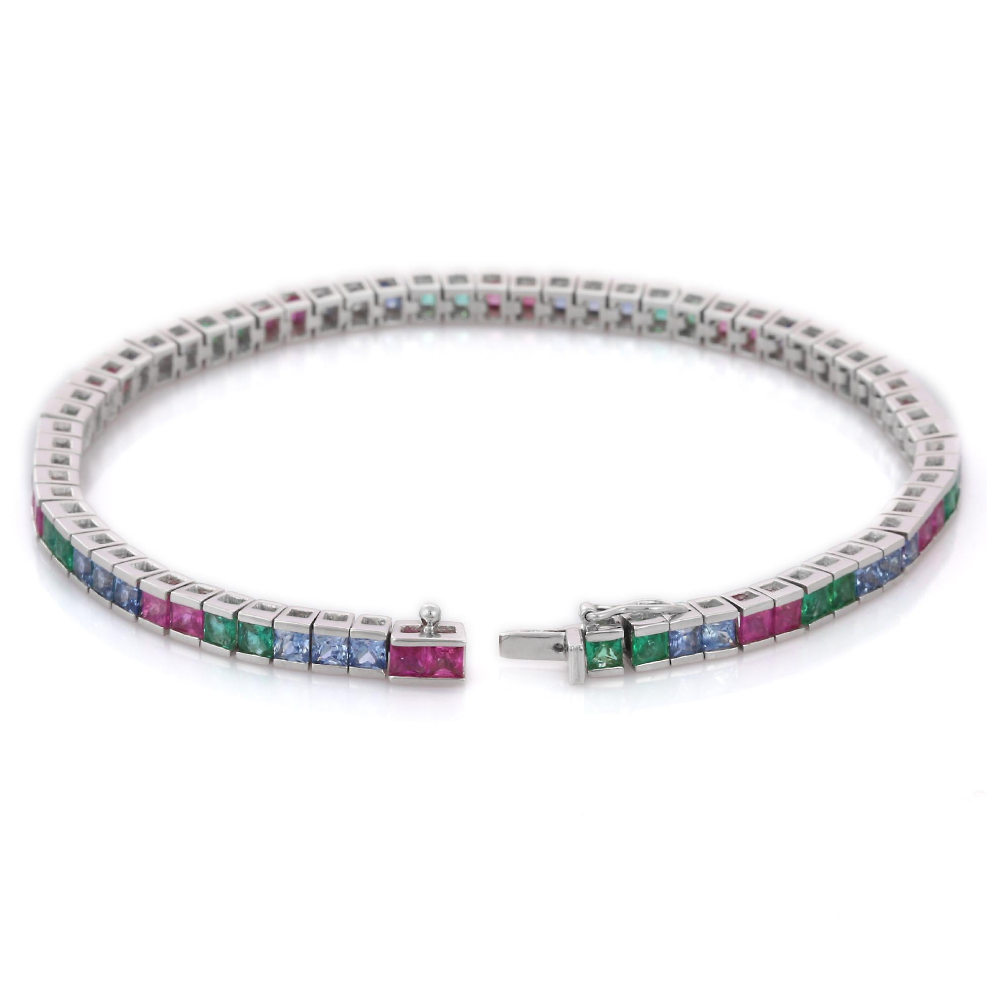 Contemporary Natural Emerald, Ruby and Sapphire Tennis Bracelet Set in 18K Solid White Gold  For Sale