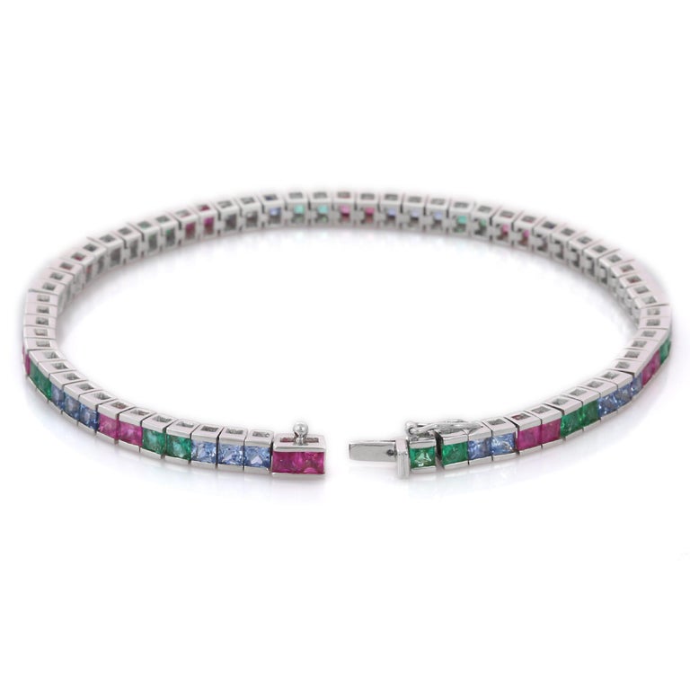 Natural Emerald, Ruby and Sapphire Tennis Bracelet Set in 18K