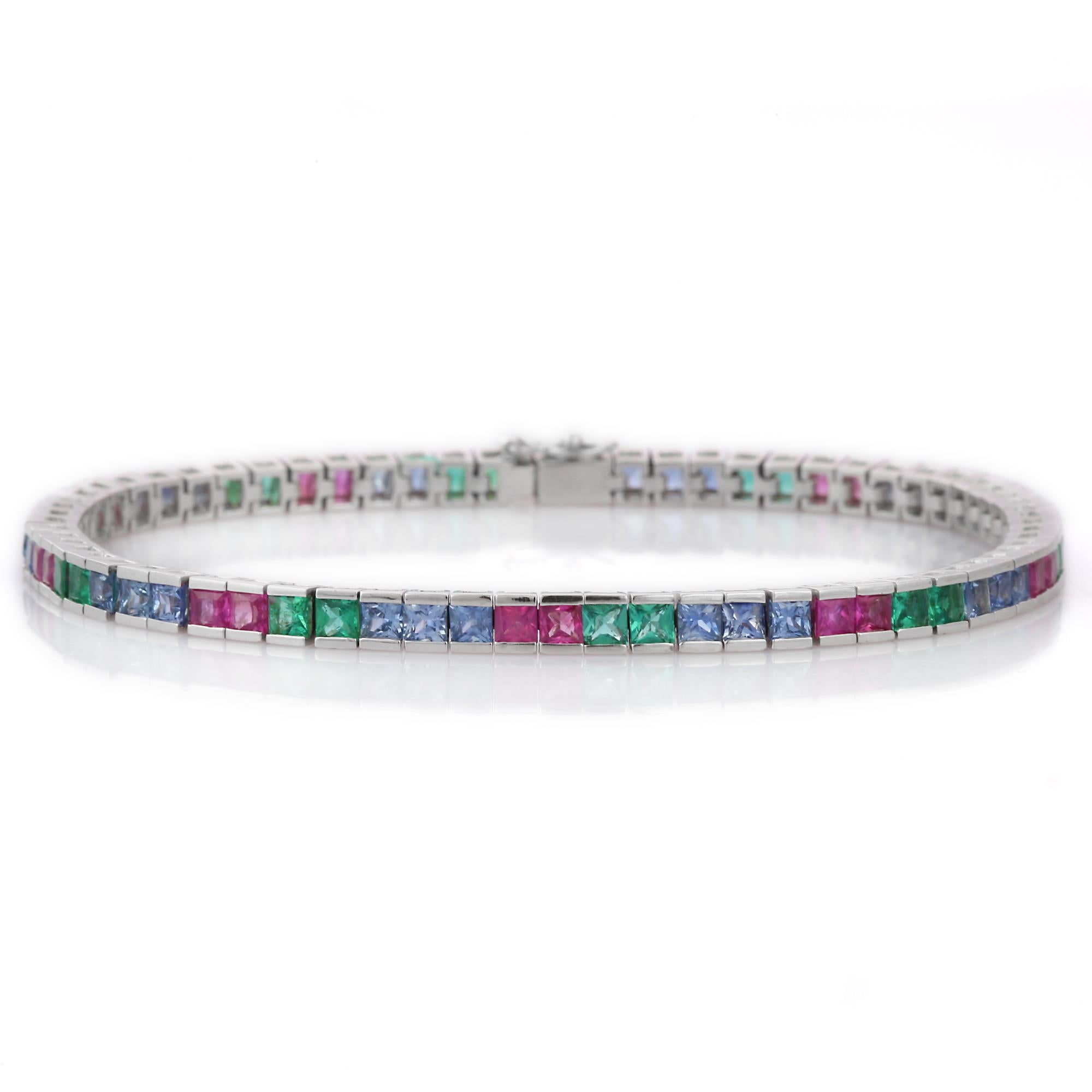 Square Cut Natural Emerald, Ruby and Sapphire Tennis Bracelet Set in 18K Solid White Gold  For Sale