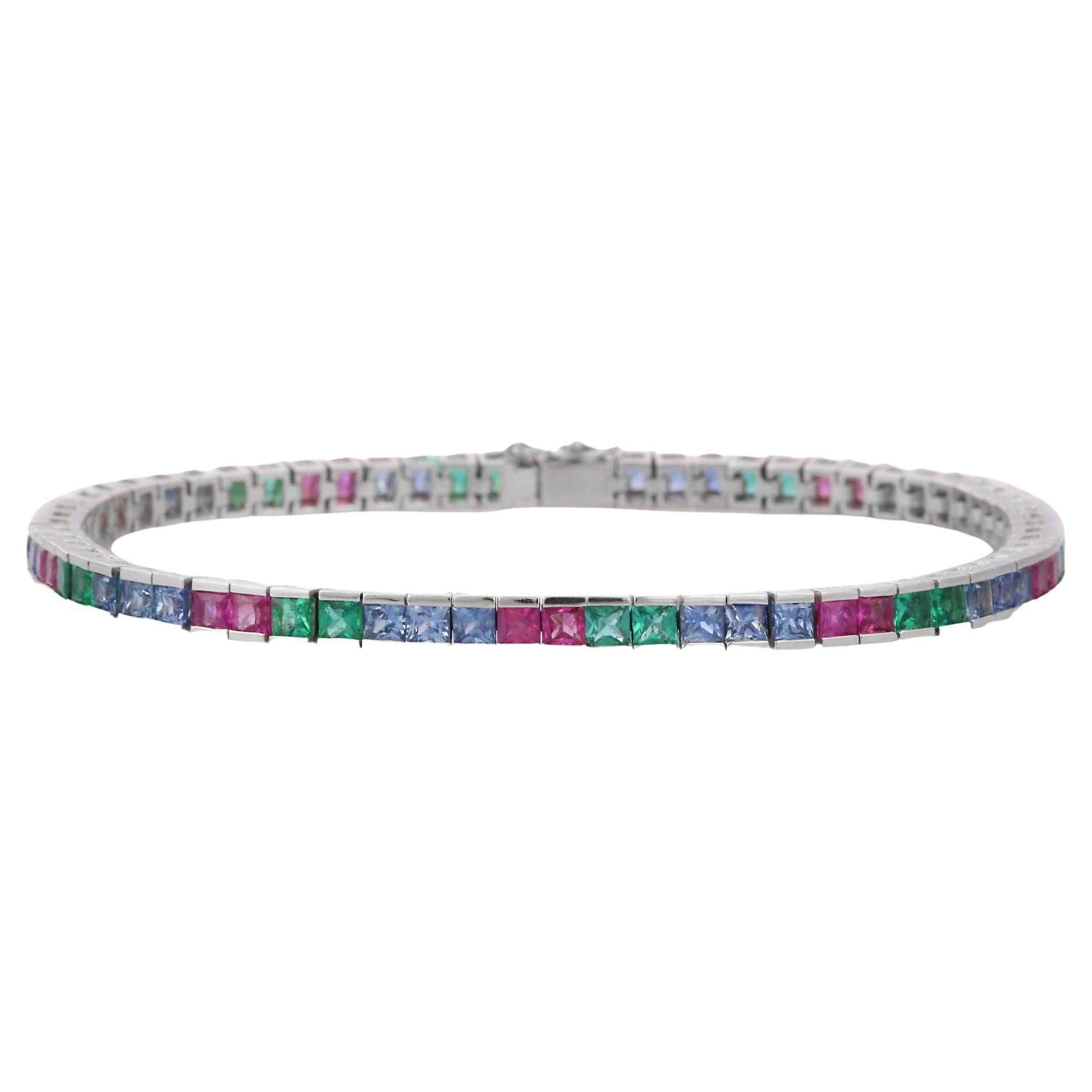 Natural Emerald, Ruby and Sapphire Tennis Bracelet Set in 18K Solid White Gold 