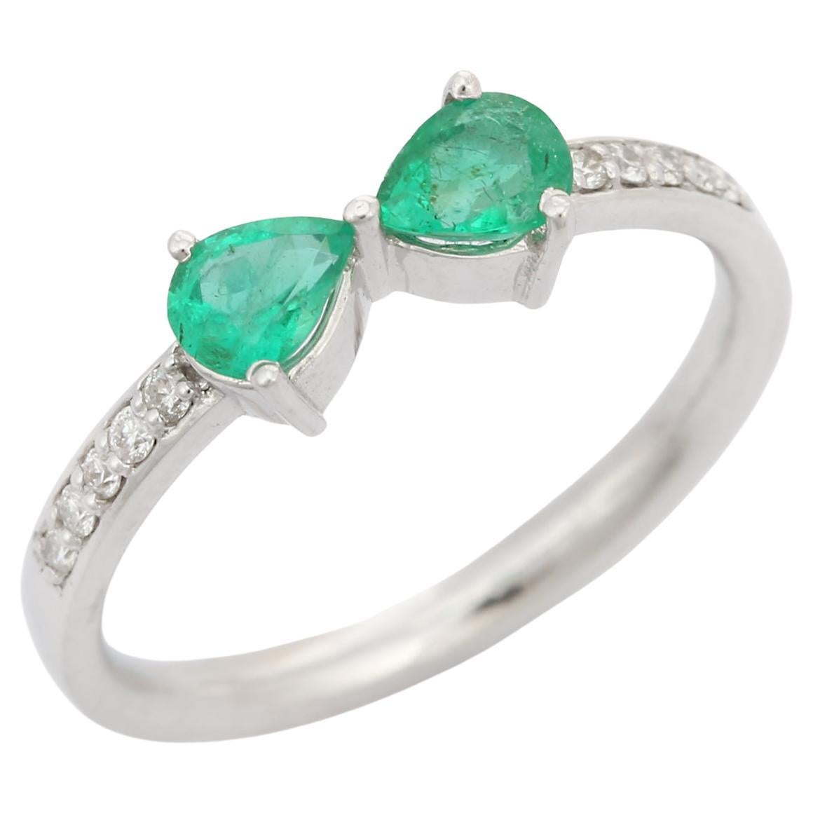 For Sale:  Natural Pear Cut Emerald Ring with Diamonds in 18K Solid White Gold