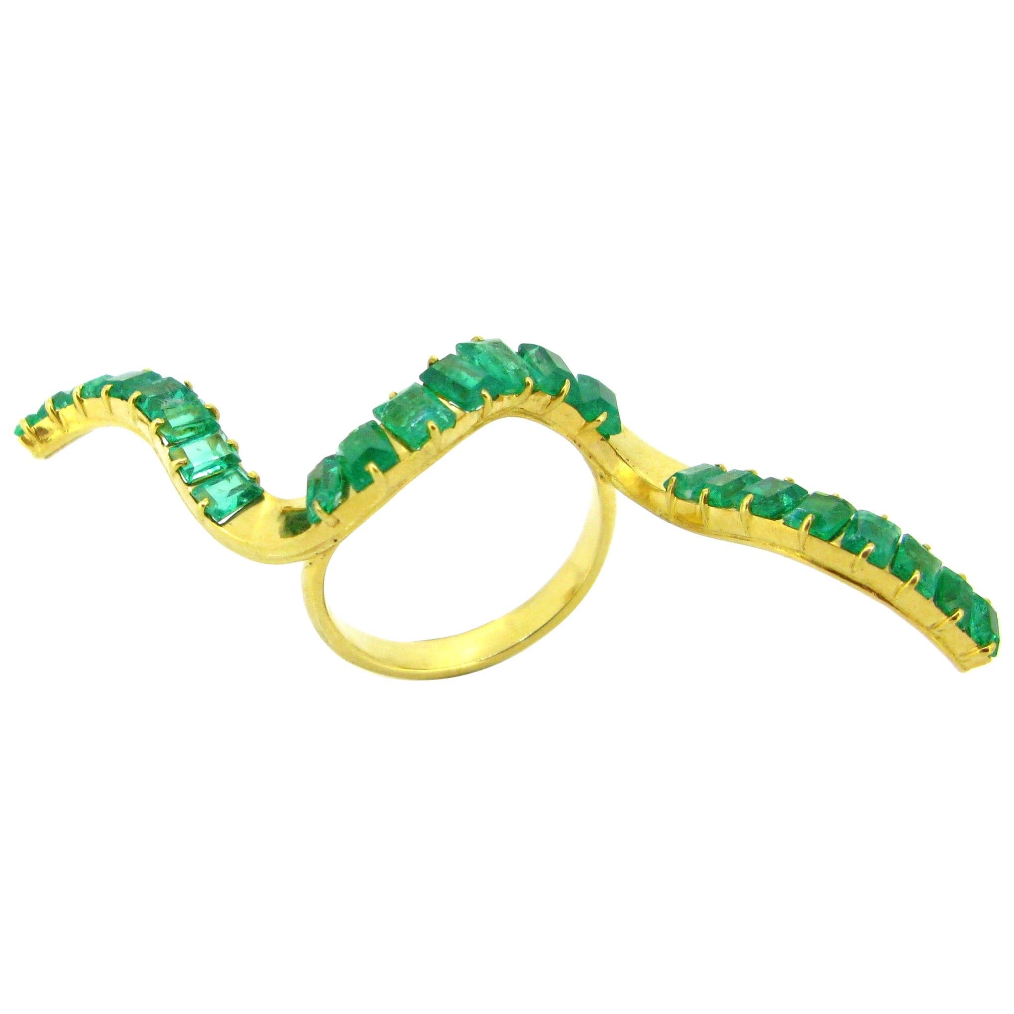 Modern Emeralds Yellow Gold Cocktail Fashion Design Wave Ring For Sale