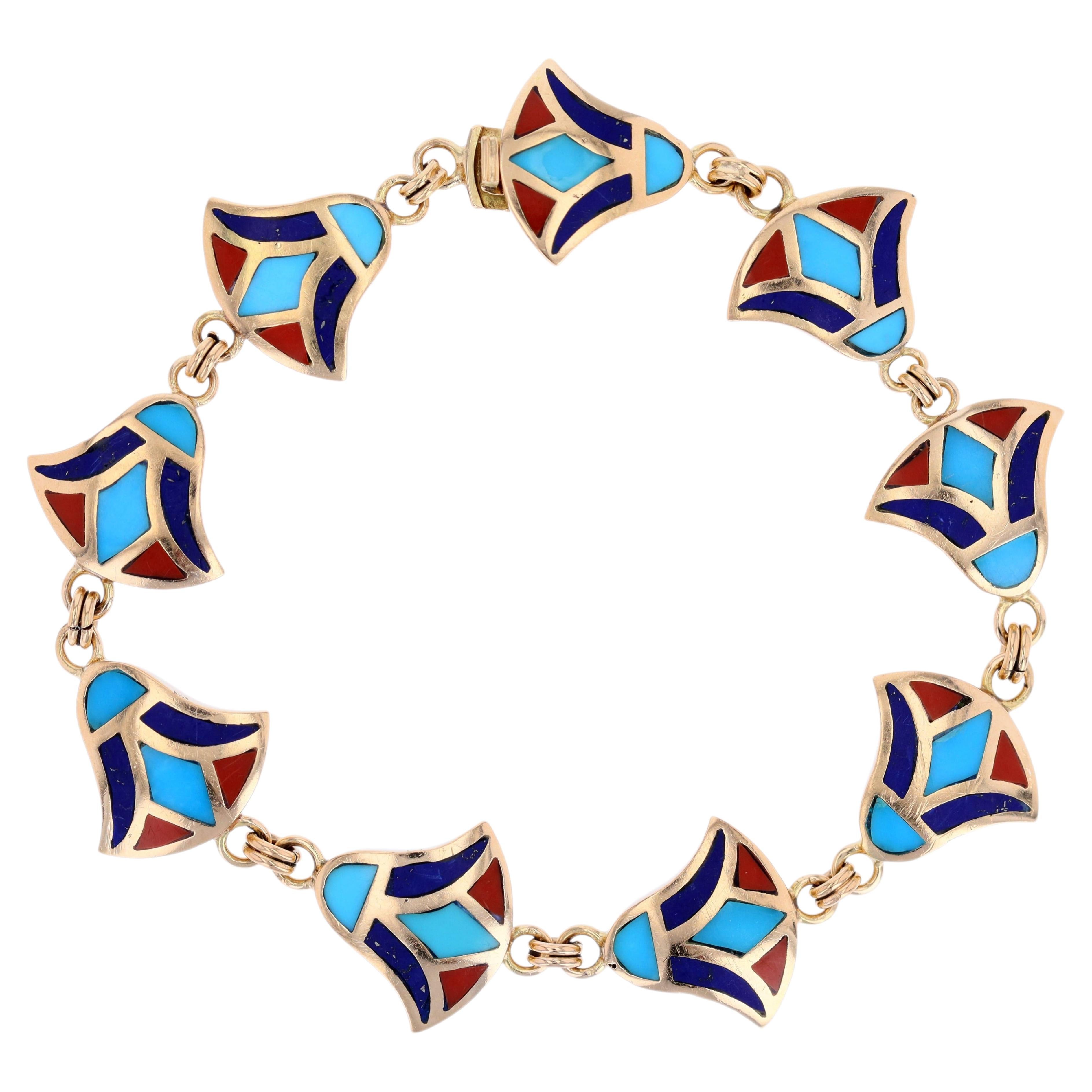 Modern Enamel 18 Karat Yellow Gold Egyptian Lotus Flower Bracelet