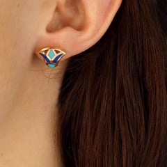 Modern Enamel 18 Karat Yellow Gold Egyptian Lotus Flower Stud Earrings