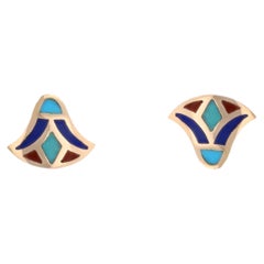 Modern Enamel 18 Karat Yellow Gold Egyptian Lotus Flower Stud Earrings
