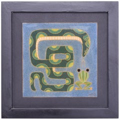 Modern Enamel Wall Art Whimsical Frog and Snake Cool Blue and Green 1980s