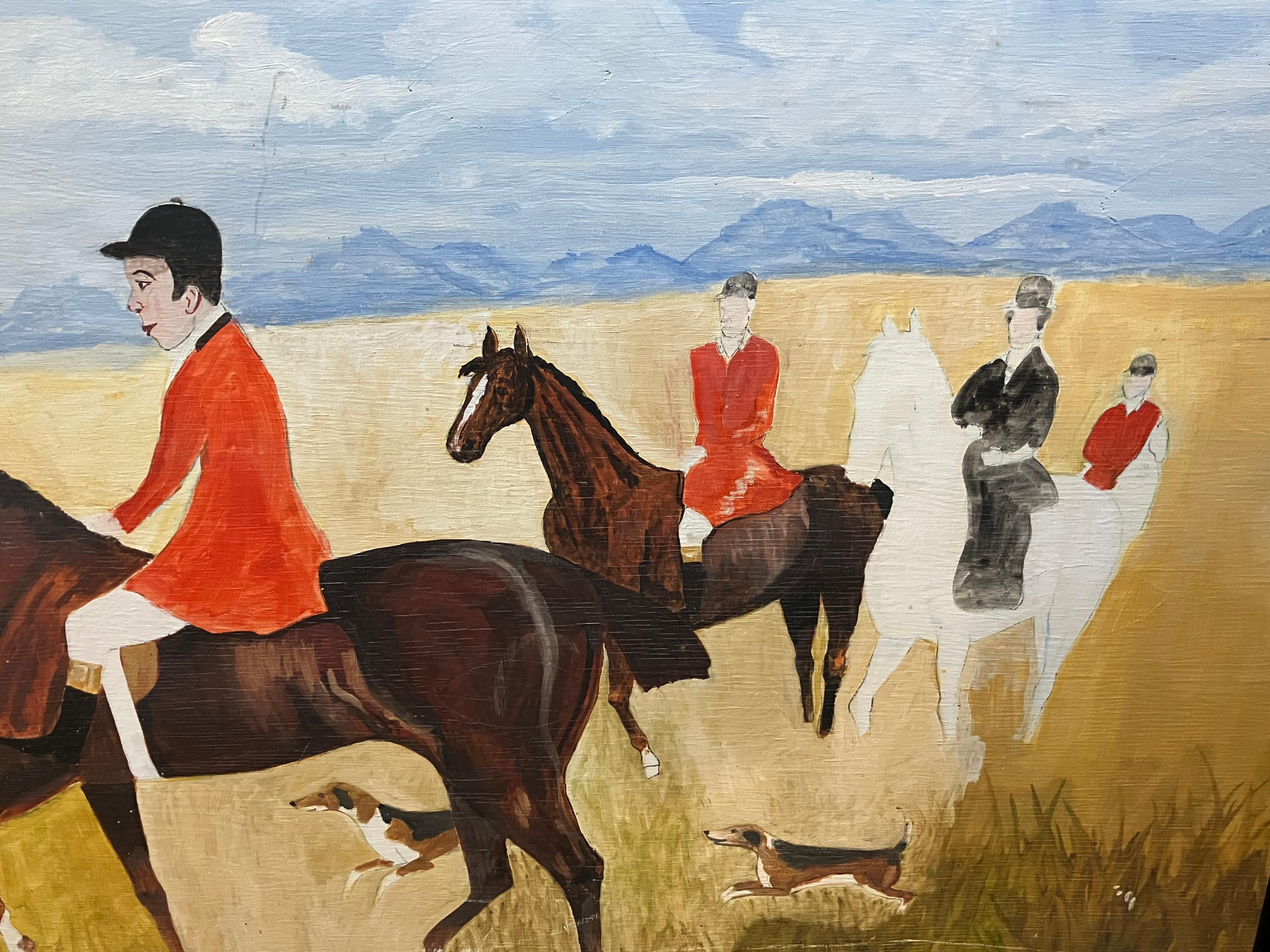 Modern English Hunt Scene Landscape With Horsemen and Hounds (Handbemalt) im Angebot