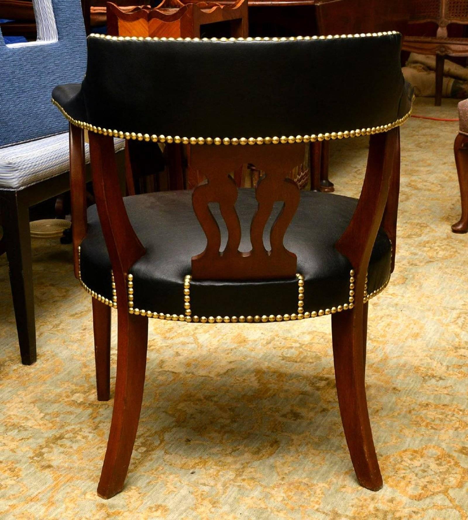 Brass Modern English Mahogany and Leather Captains Chair For Sale