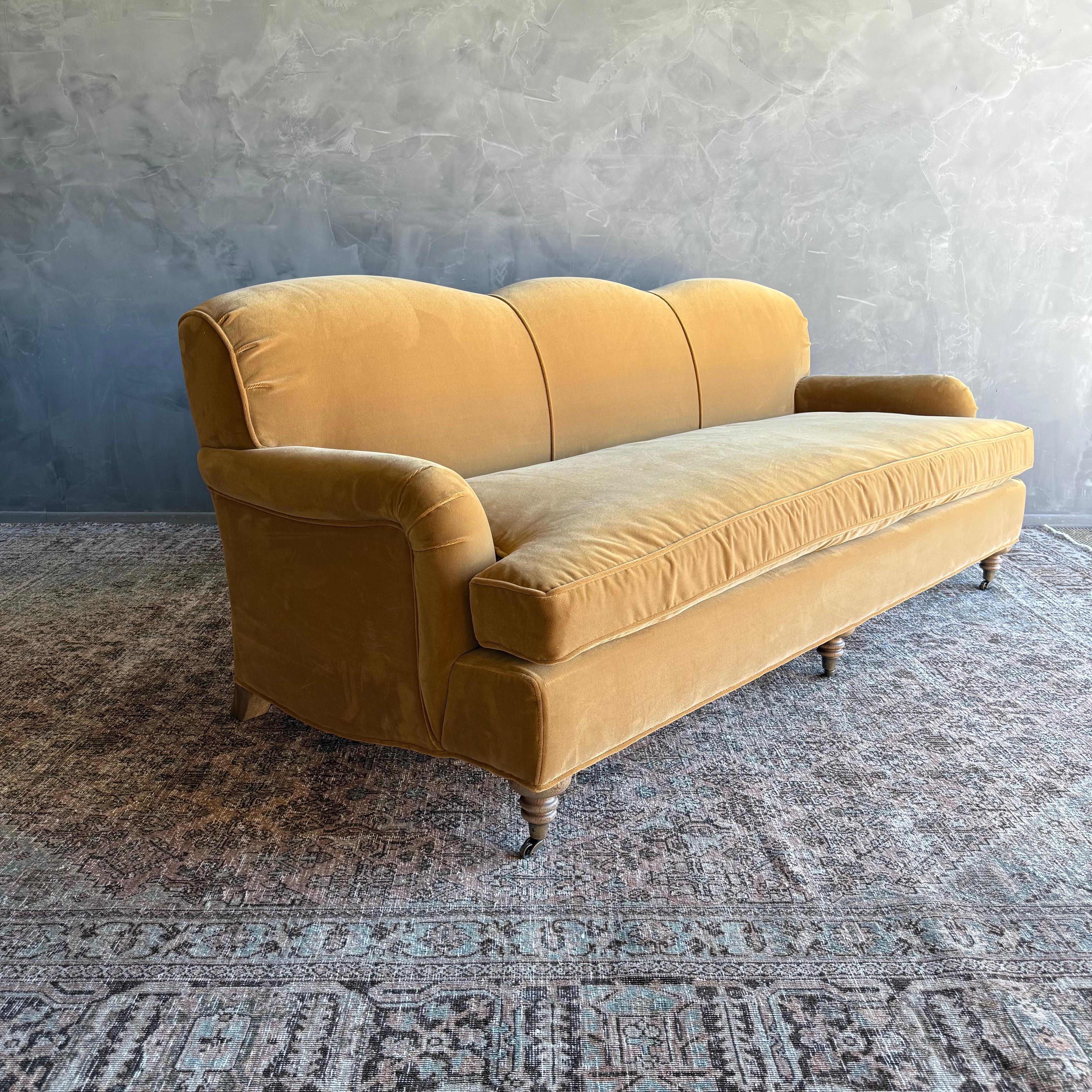 Modern English Sofa in a Caramel Mustard Faux Velvet Mohair with Down Cushion en vente 5