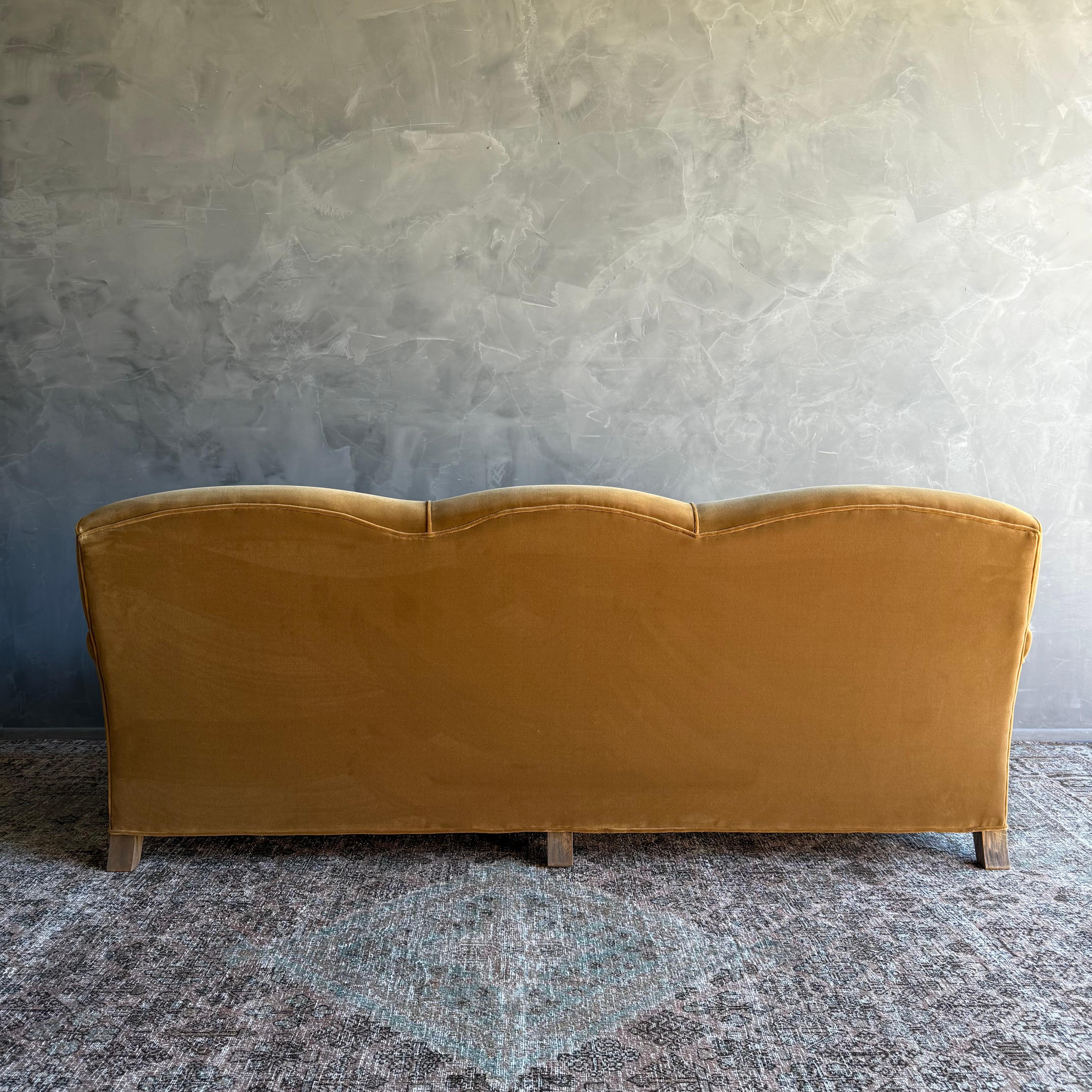 Modern English Sofa in a Caramel Mustard Faux Velvet Mohair with Down Cushion en vente 8