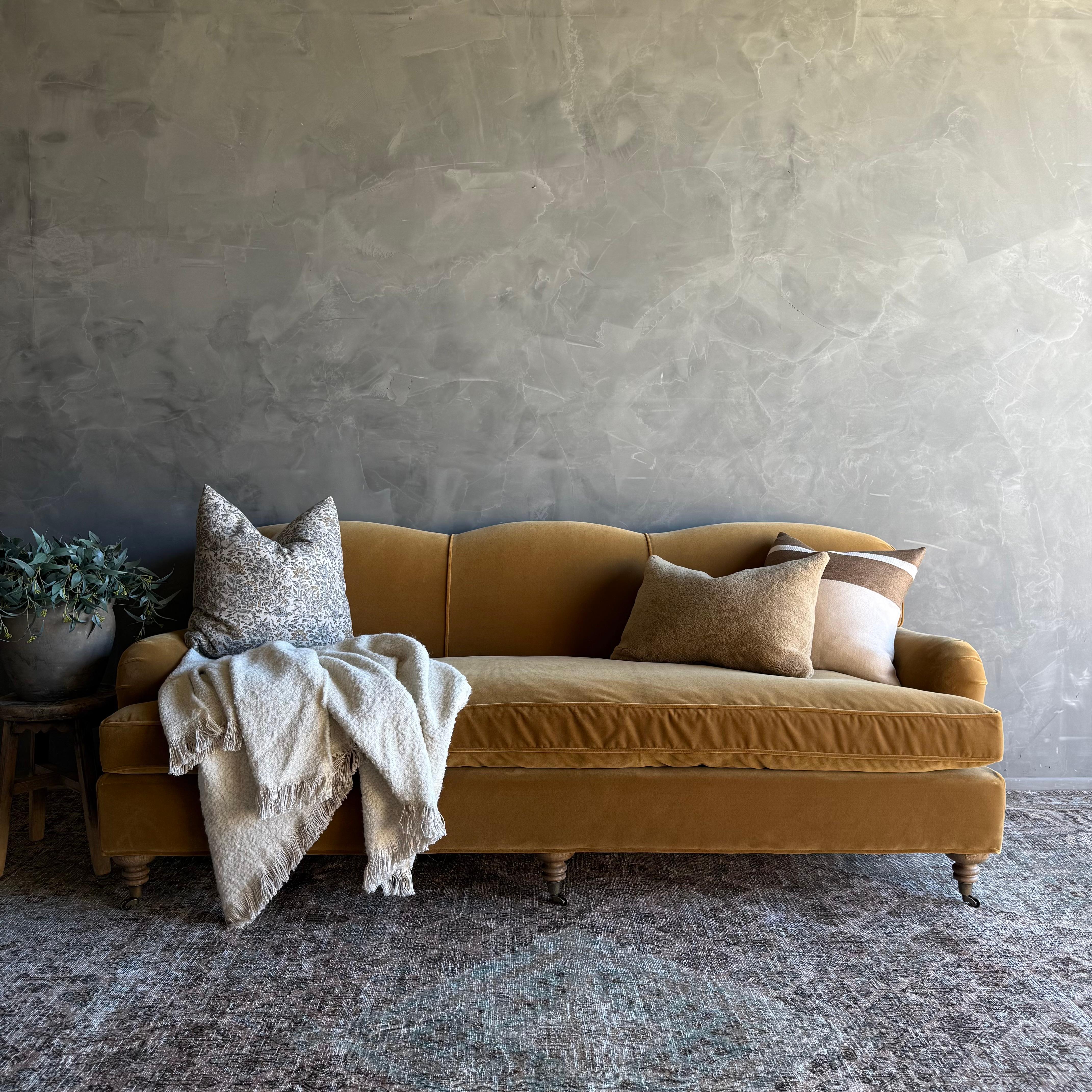 Modern English Sofa in a Caramel Mustard Faux Velvet Mohair with Down Cushion en vente 9