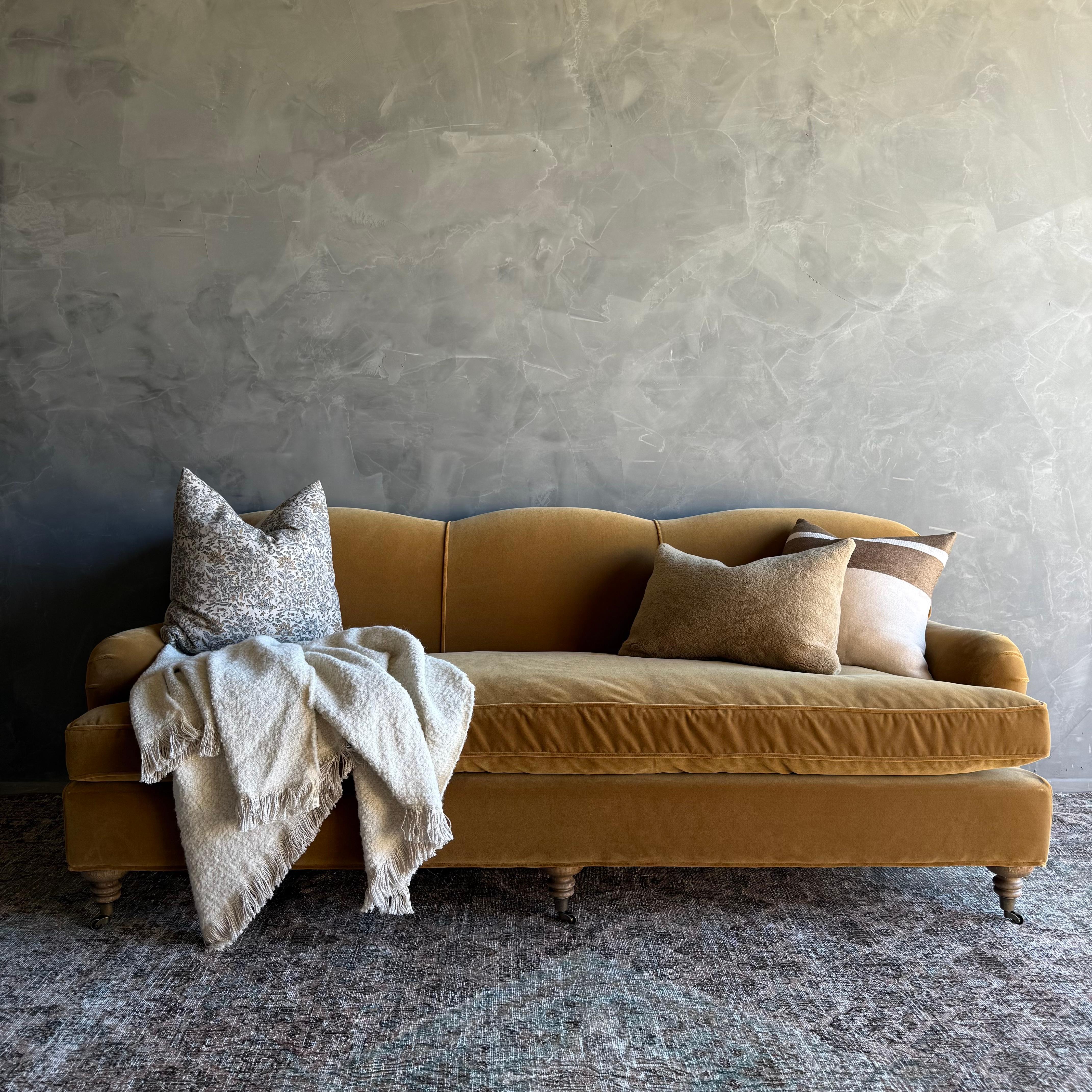 Modern English Sofa in a Caramel Mustard Faux Velvet Mohair with Down Cushion Neuf - En vente à Old Town Orange, CA