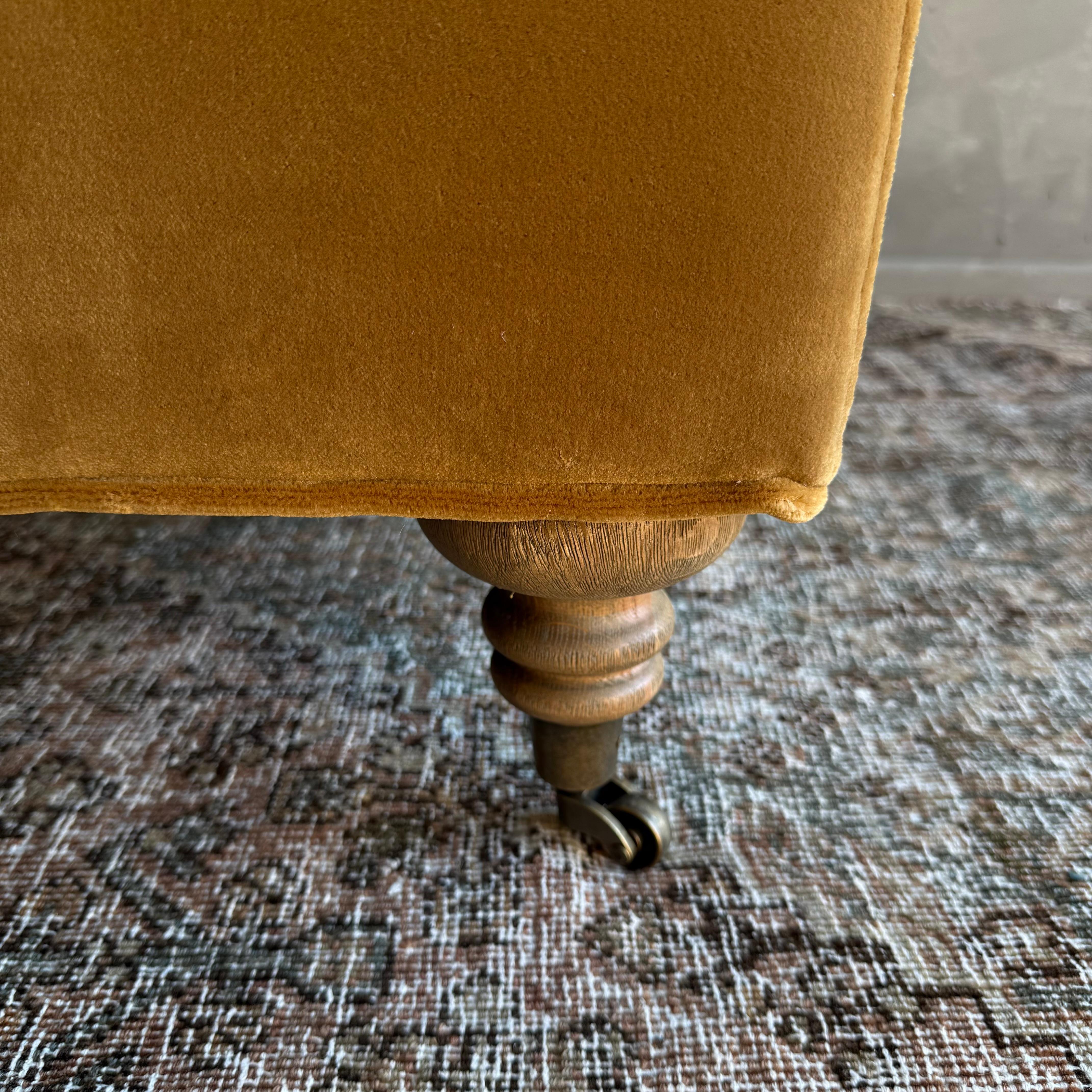 Coton Modern English Sofa in a Caramel Mustard Faux Velvet Mohair with Down Cushion en vente