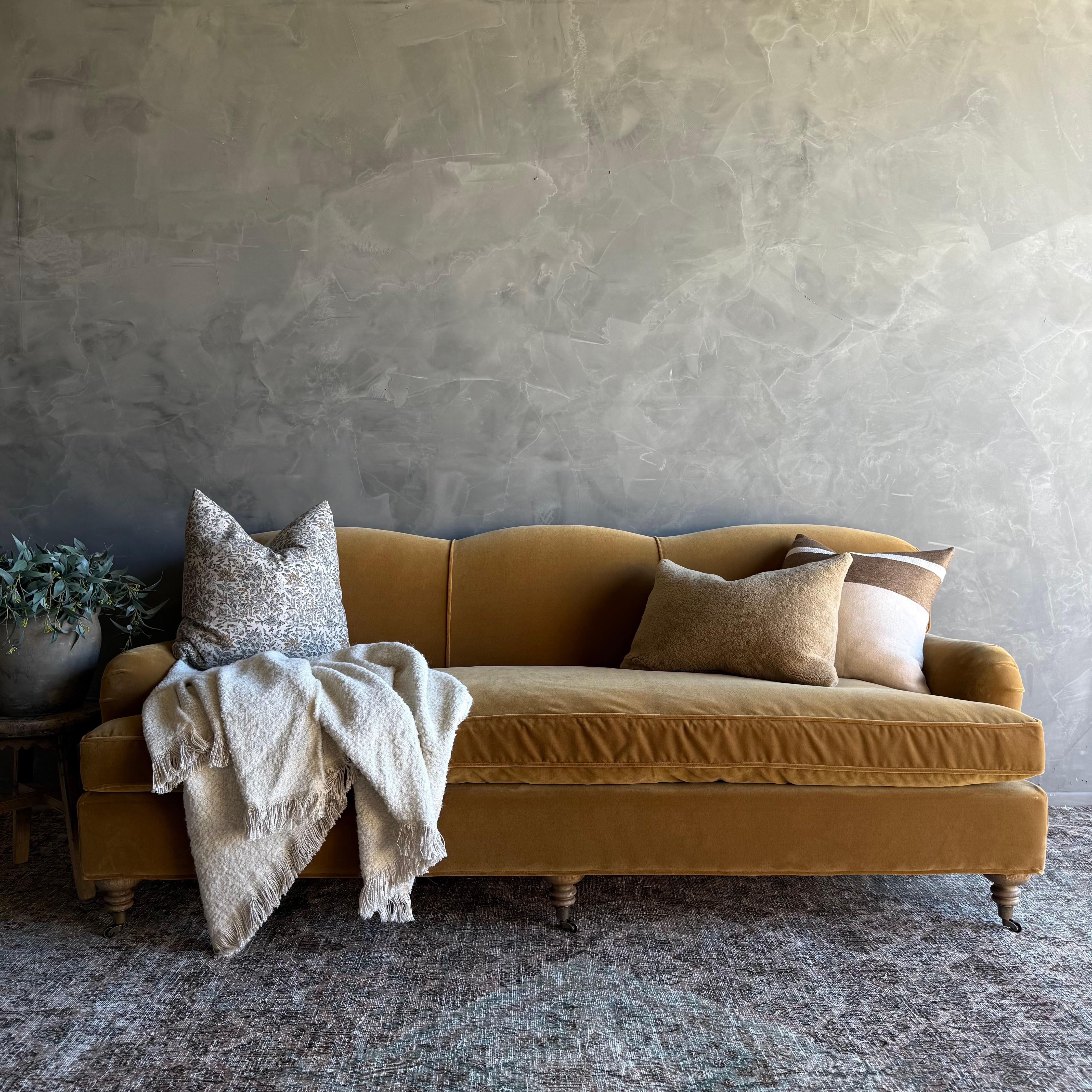 Modern English Sofa in a Caramel Mustard Faux Velvet Mohair with Down Cushion en vente 1
