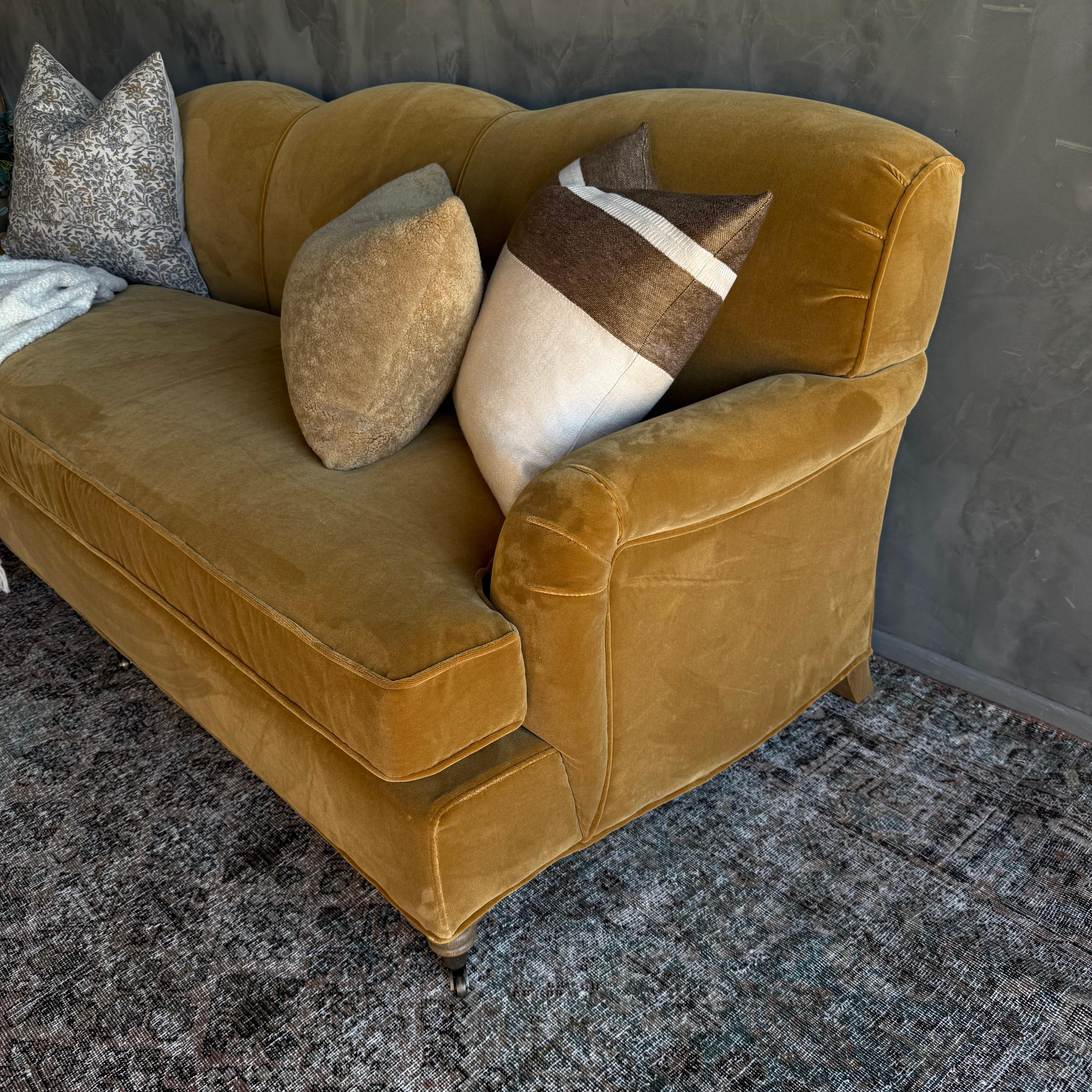 Modern English Sofa in a Caramel Mustard Faux Velvet Mohair with Down Cushion en vente 3