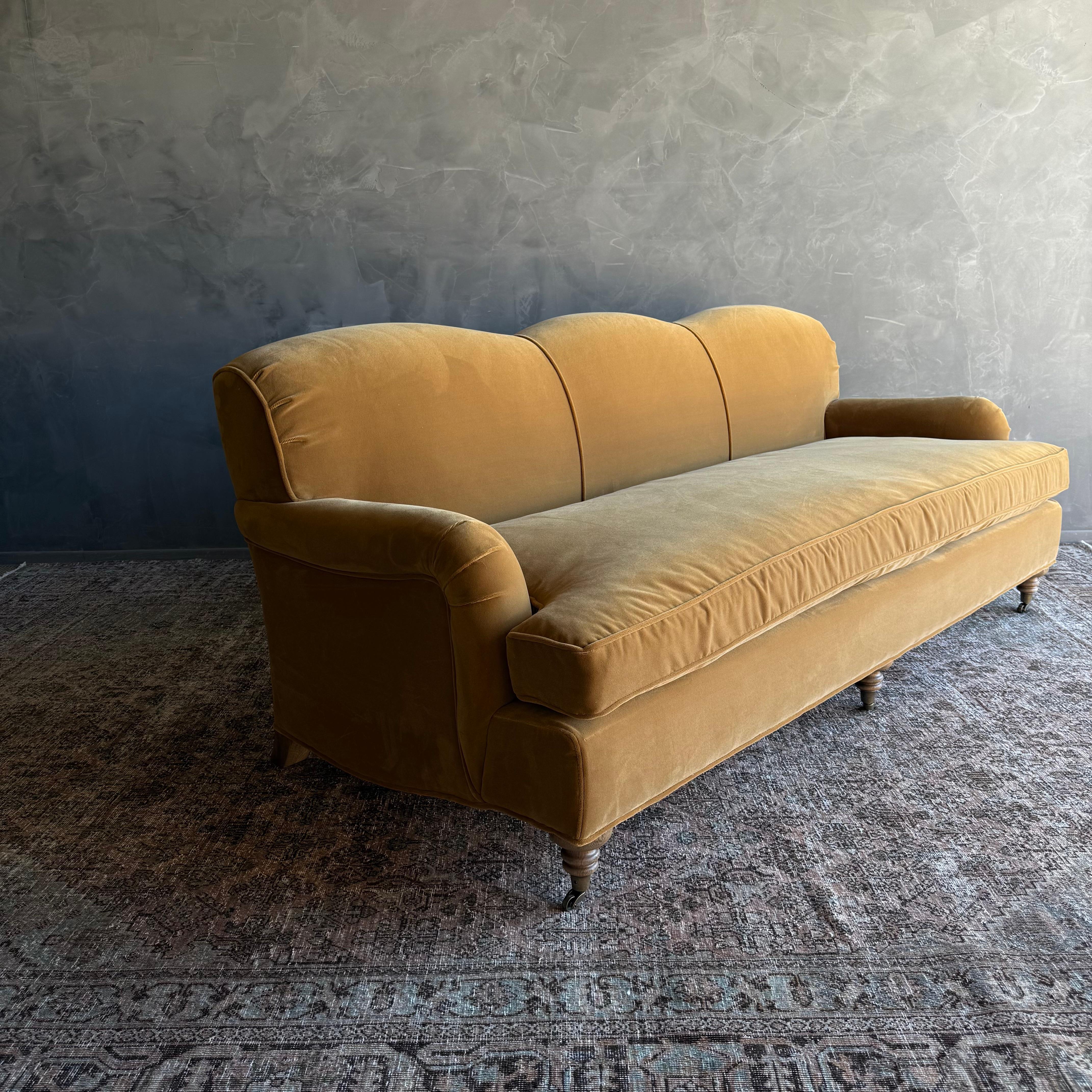 Modern English Sofa in a Caramel Mustard Faux Velvet Mohair with Down Cushion en vente 4
