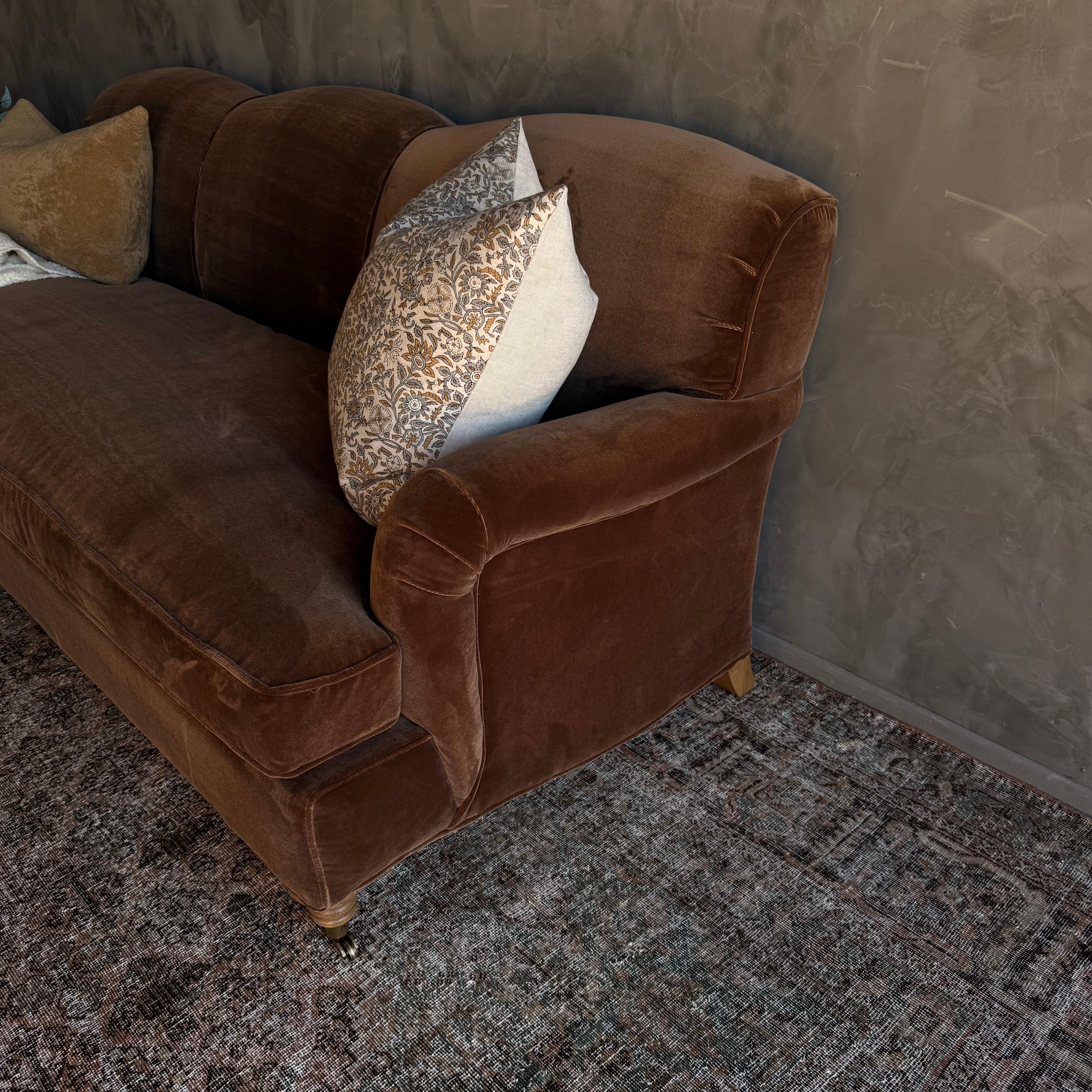 Modern English Sofa in Chestnut Brown in Faux Velvet Mohair with Down Cushion en vente 5