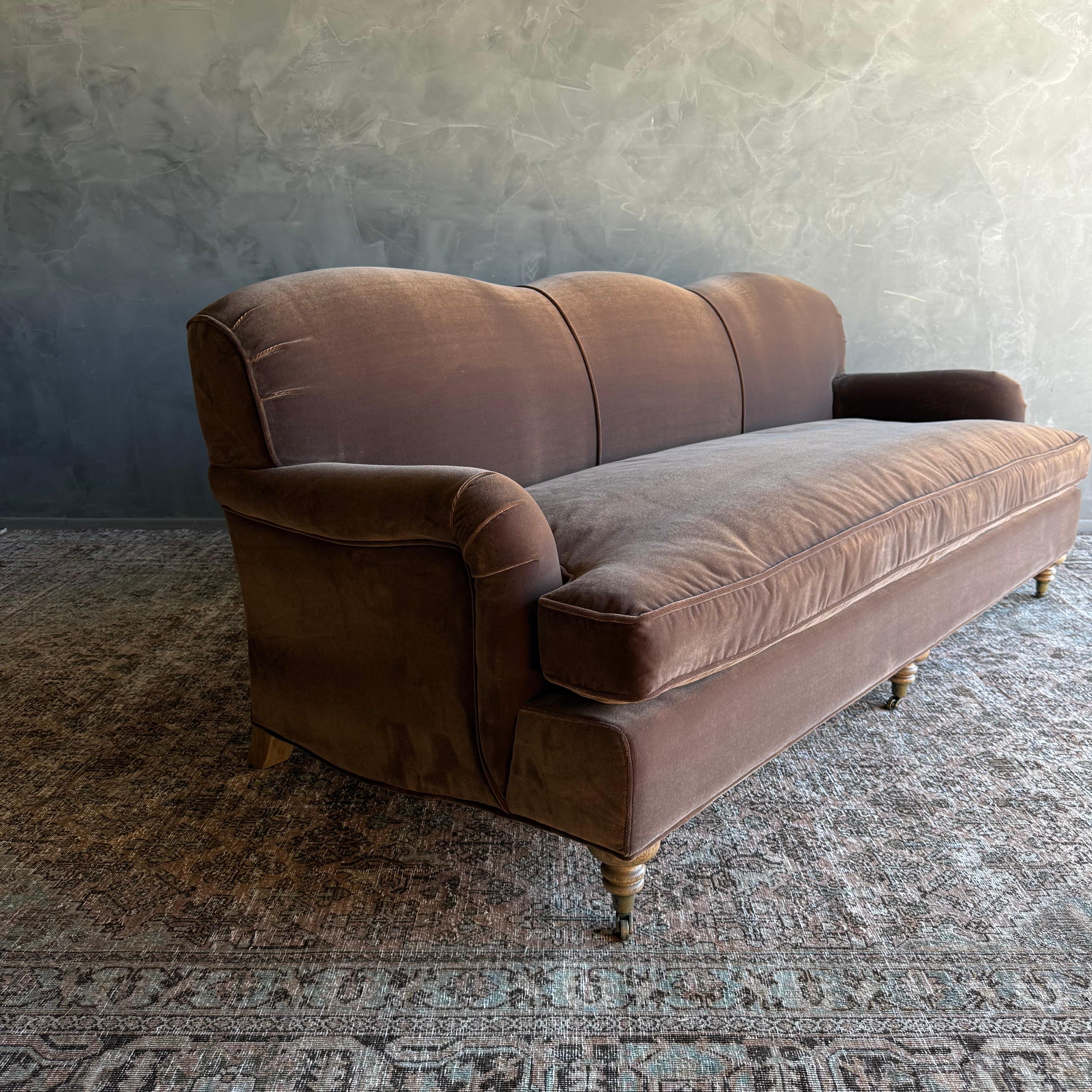 Modern English Sofa in Chestnut Brown in Faux Velvet Mohair with Down Cushion en vente 7