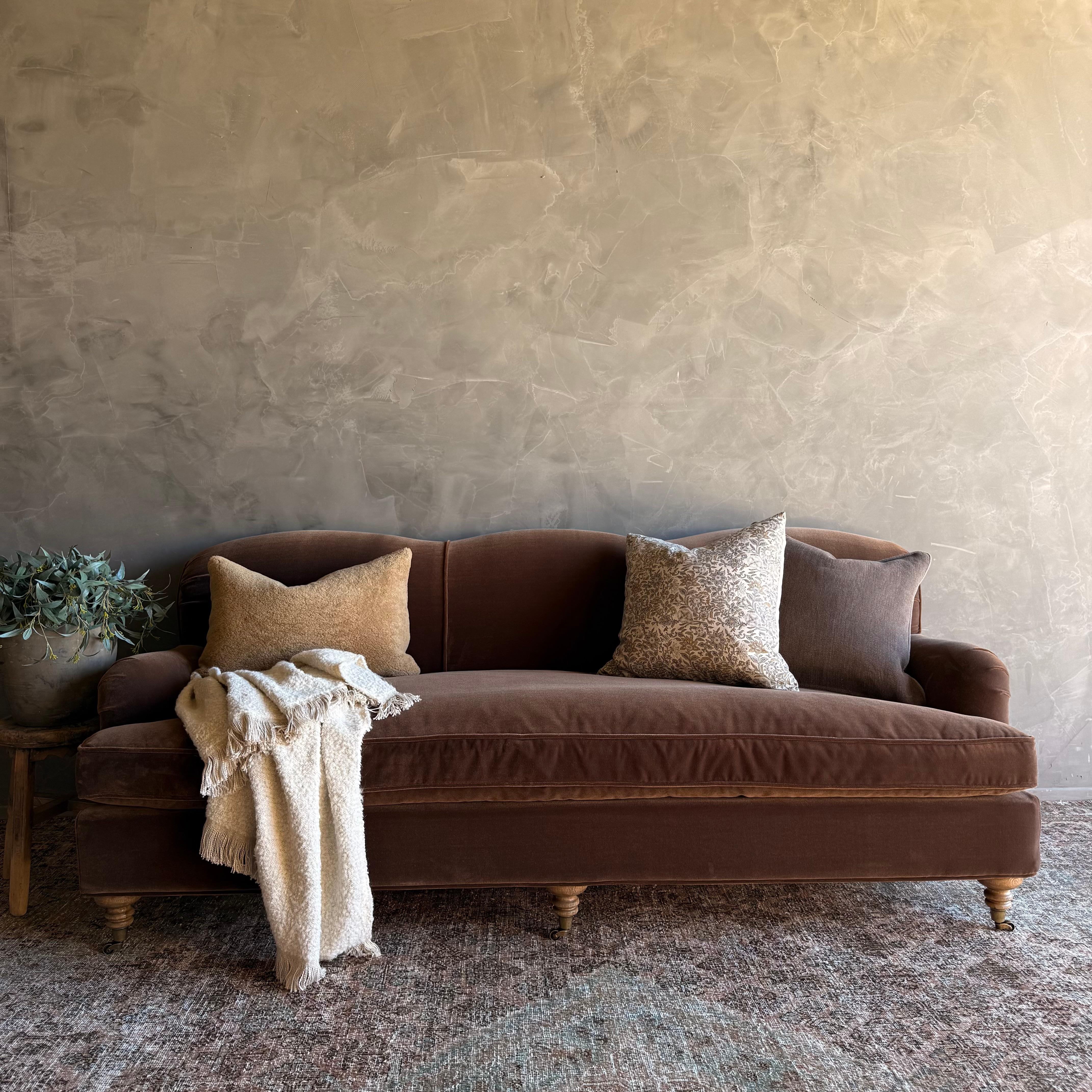 Modern English Sofa in Chestnut Brown in Faux Velvet Mohair with Down Cushion Neuf - En vente à Old Town Orange, CA