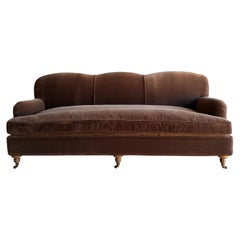 Modern English Sofa in Chestnut Brown in Faux Velvet Mohair with Down Cushion
