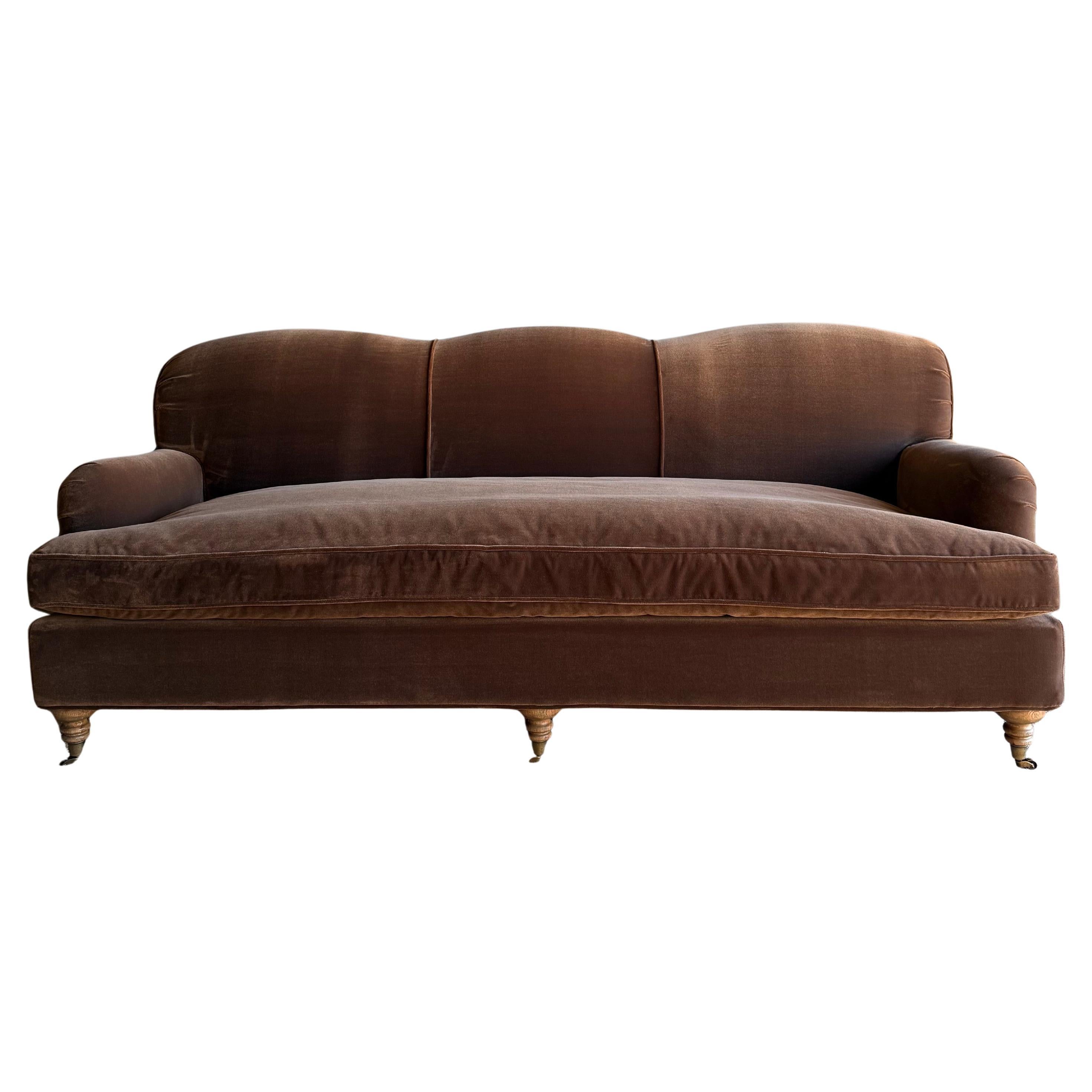 Modern English Sofa in Chestnut Brown in Faux Velvet Mohair with Down Cushion en vente