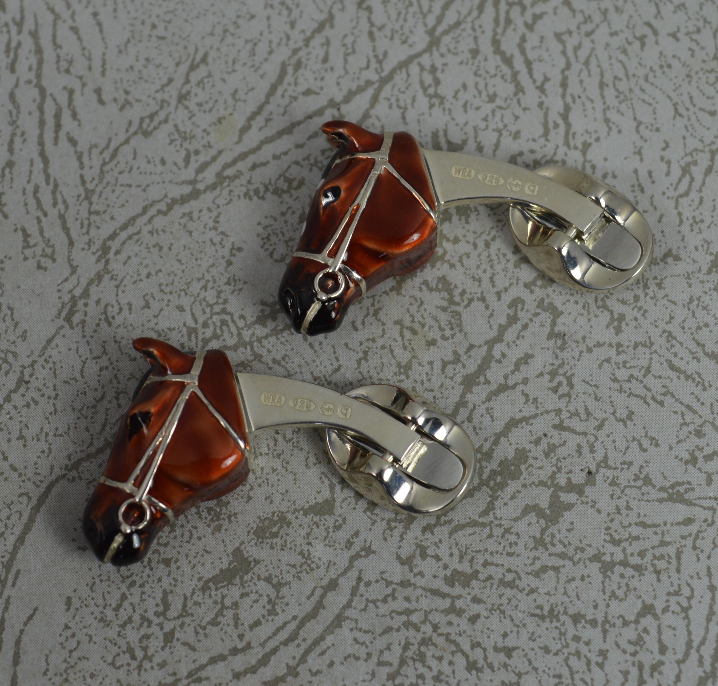 Modern English Sterling Silver and Enamel Equestrian Horse Head Cufflinks 4