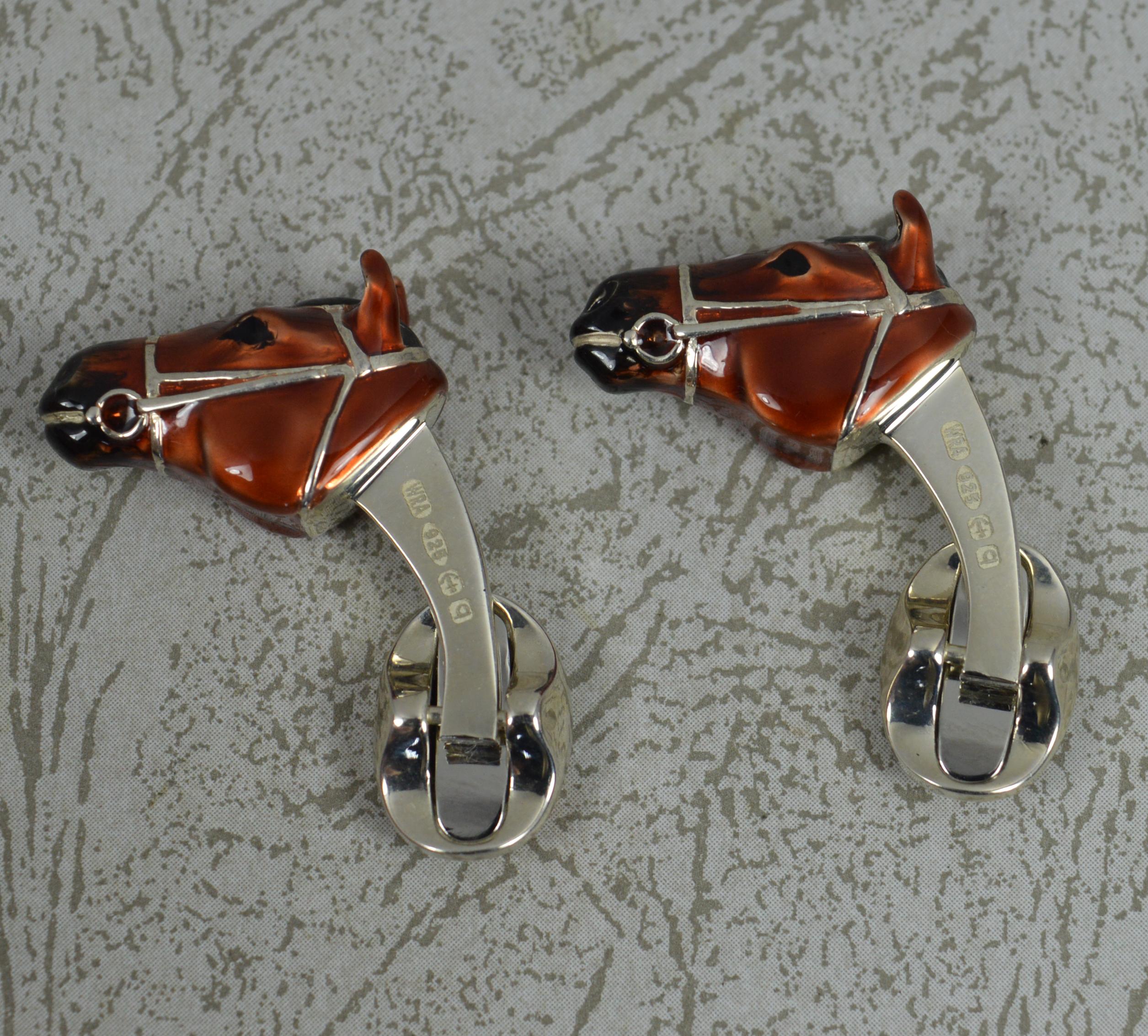 Modern English Sterling Silver and Enamel Equestrian Horse Head Cufflinks 5
