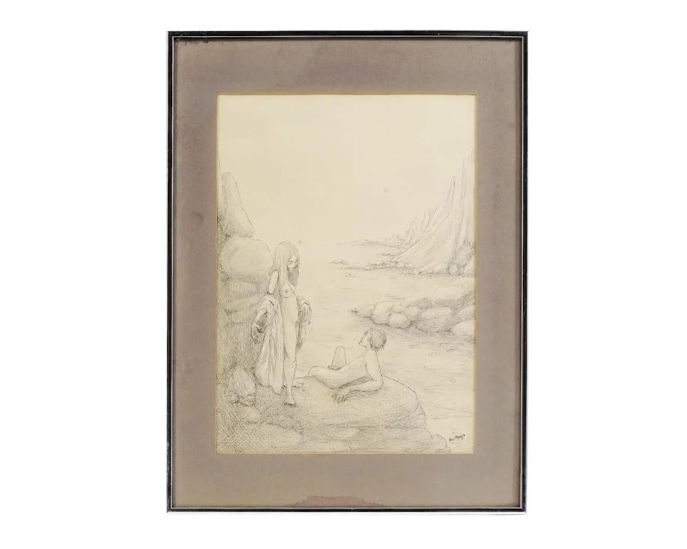 William Monje, an American 20th and 21st centuries artist, ink painting on paper depicting an erotic scene in a mountain river landscape. Signed lower right. Framed. William Monje is a Modern and Contemporary artist and theatre designer, known for