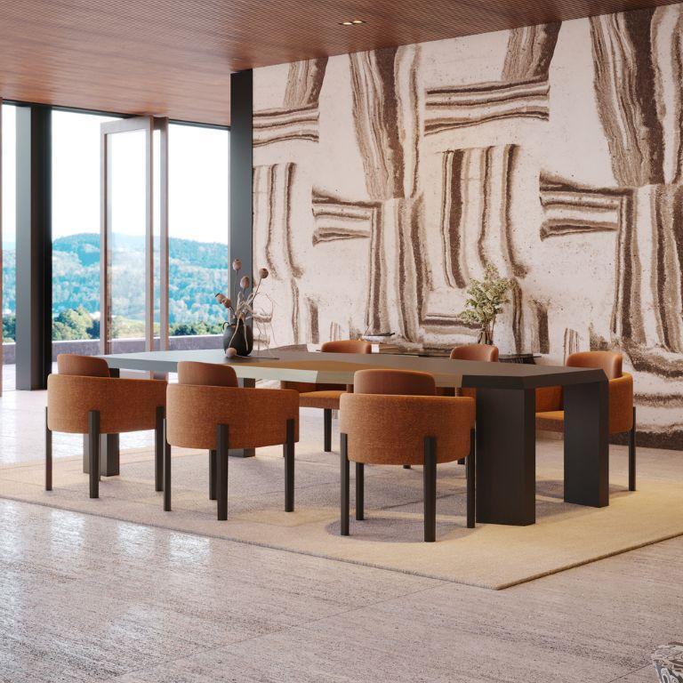 Portugais Table de salle à manger moderne Escarpa en chêne Brown foncé et laiton antique en vente
