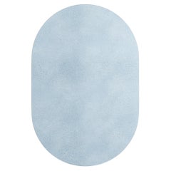 Modern Minimal Oval Shape Hand-Tufted Botanical Silk Rug Light Blue