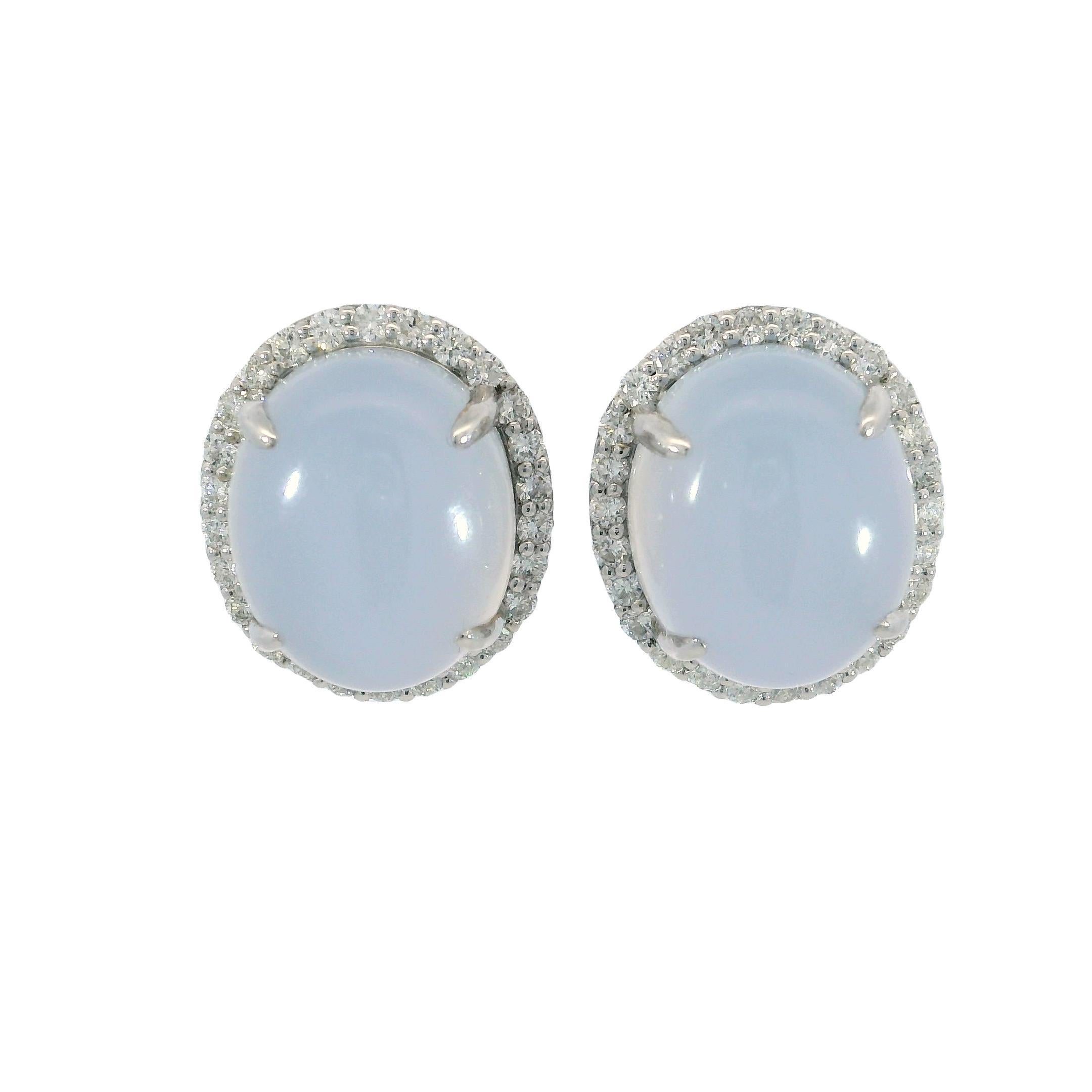 Modern Estate Chalcedony and Diamond Cluster Post Back Earrings 18K White Gold For Sale 5