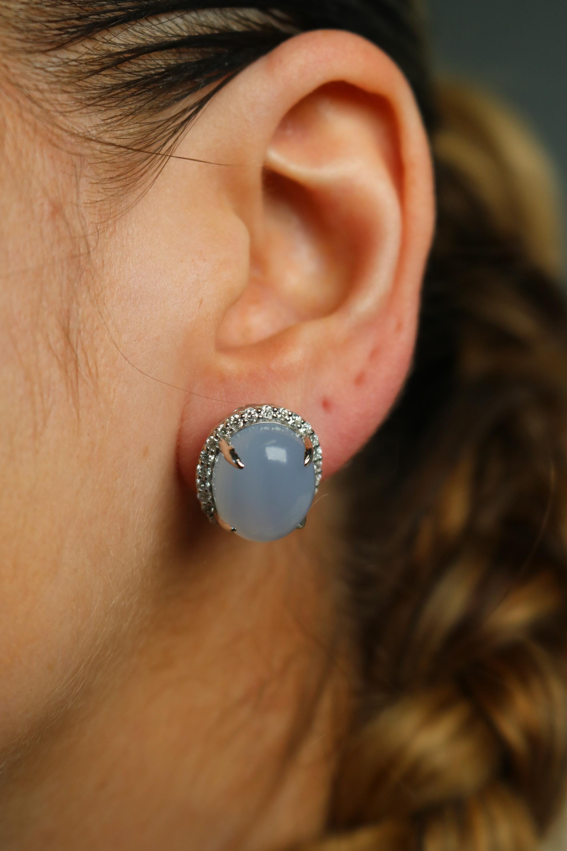 Modern Estate Chalcedony and Diamond Cluster Post Back Earrings 18K White Gold For Sale 7