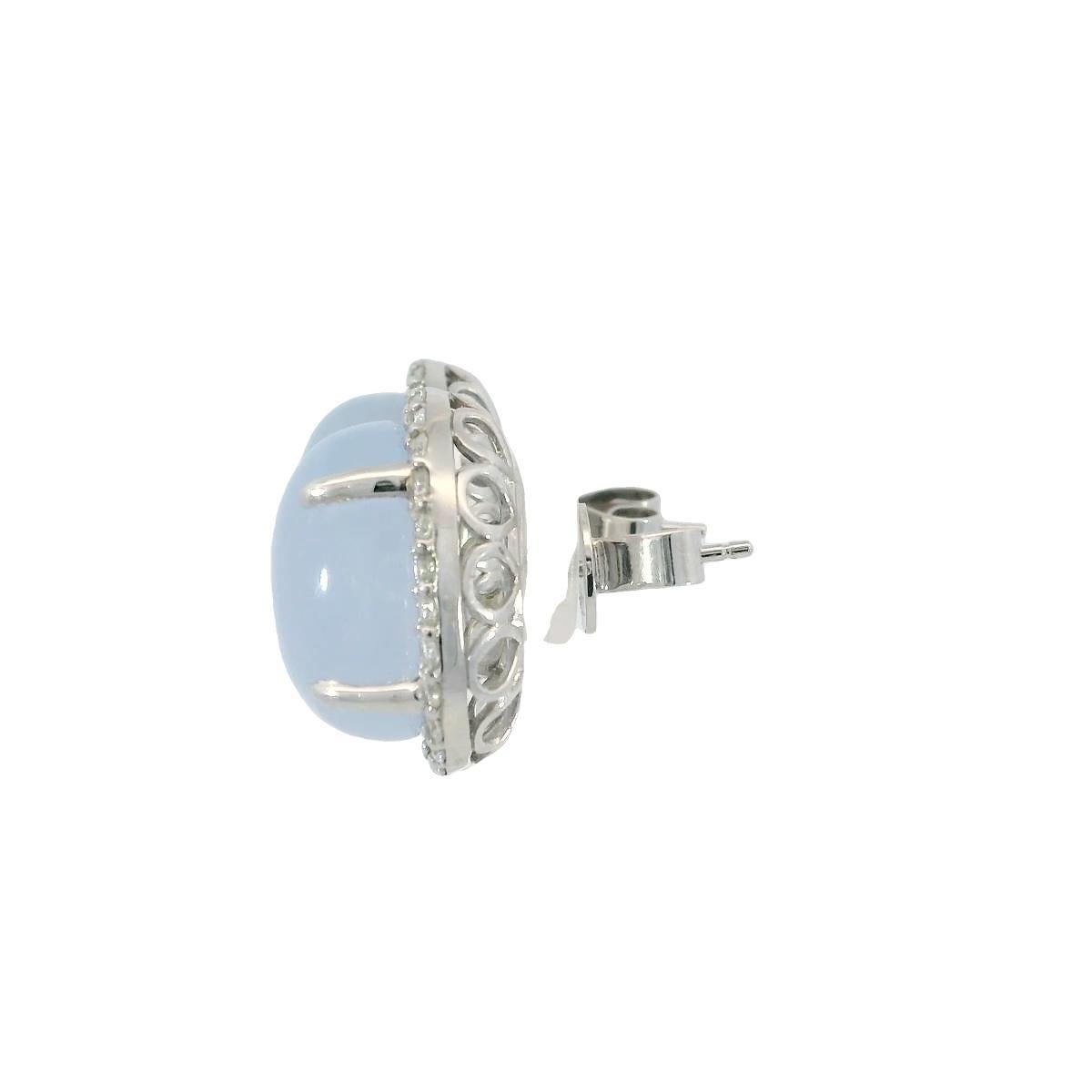 Cabochon Modern Estate Chalcedony and Diamond Cluster Post Back Earrings 18K White Gold For Sale