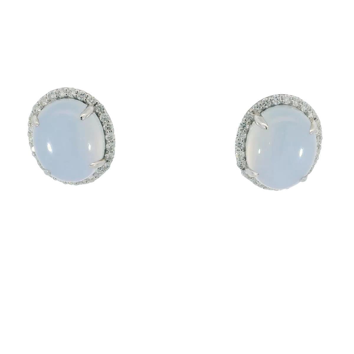 Women's Modern Estate Chalcedony and Diamond Cluster Post Back Earrings 18K White Gold For Sale