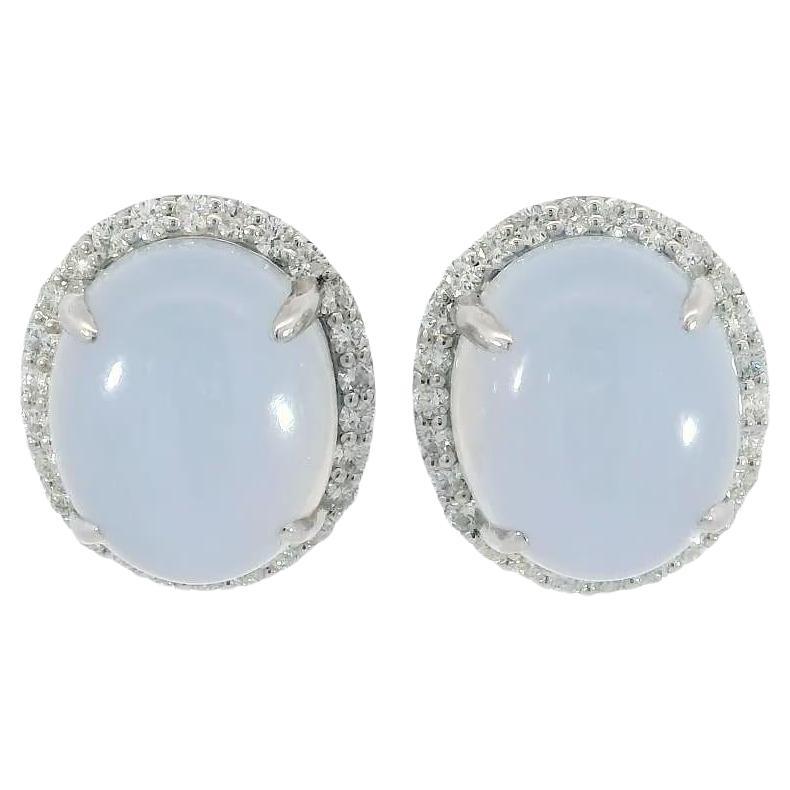 Modern Estate Chalcedony and Diamond Cluster Post Back Earrings 18K White Gold For Sale